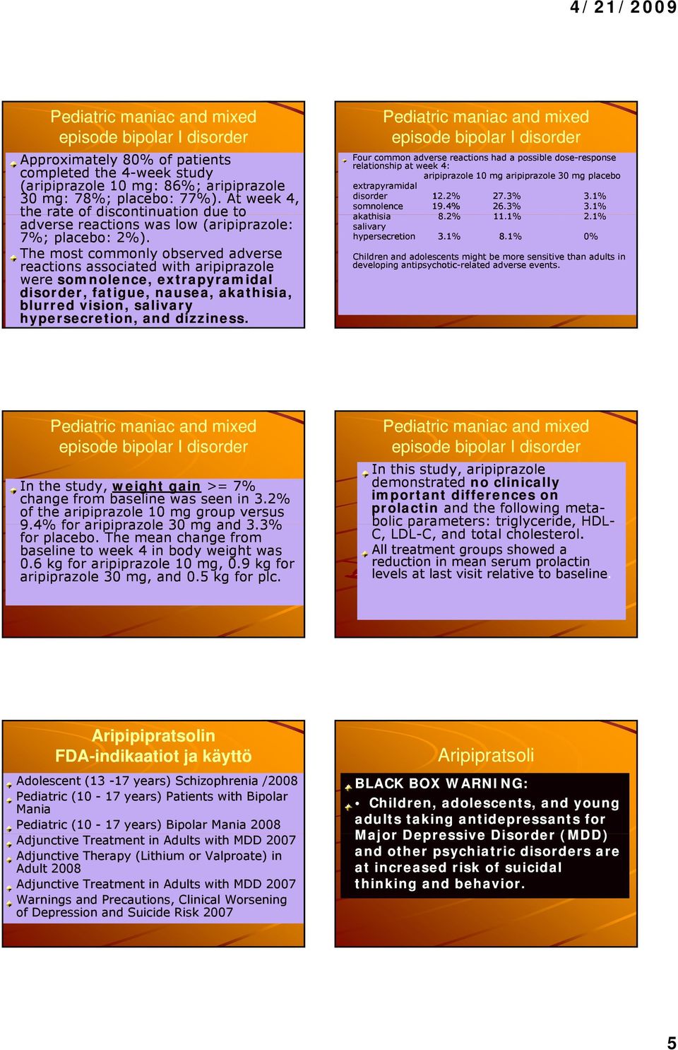 The most commonly observed adverse reactions associated with aripiprazole were somnolence, extrapyramidal disorder, fatigue, nausea, akathisia, blurred vision, salivary hypersecretion, and dizziness.