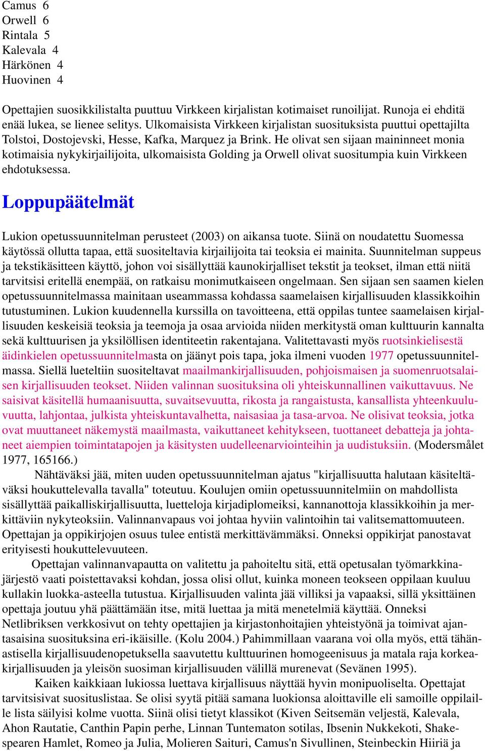 He olivat sen sijaan maininneet monia kotimaisia nykykirjailijoita, ulkomaisista Golding ja Orwell olivat suositumpia kuin Virkkeen ehdotuksessa.