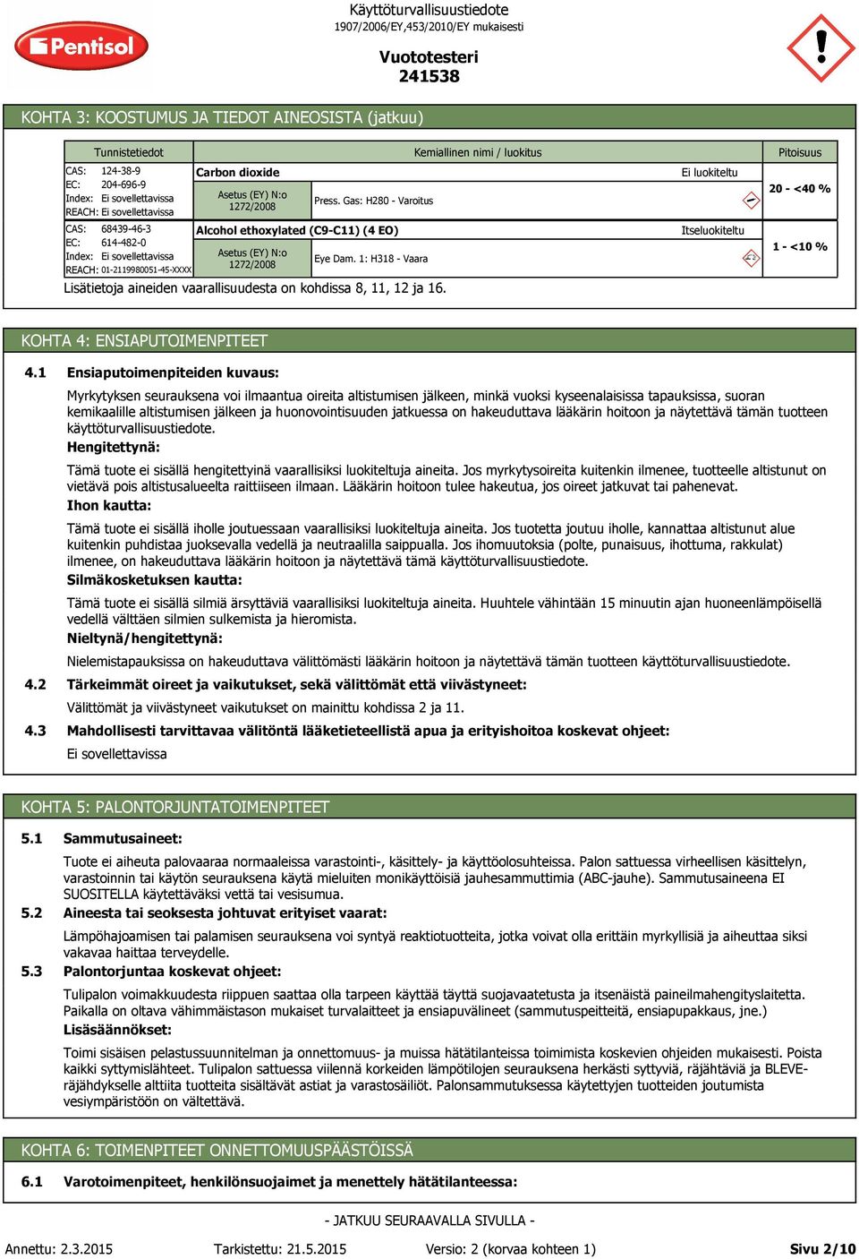 Kemiallinen nimi / luokitus Ei luokiteltu Itseluokiteltu Pitoisuus 20 - <40 % 1 - <10 % KOHTA 4: ENSIAPUTOIMENPITEET 4.1 4.2 4.