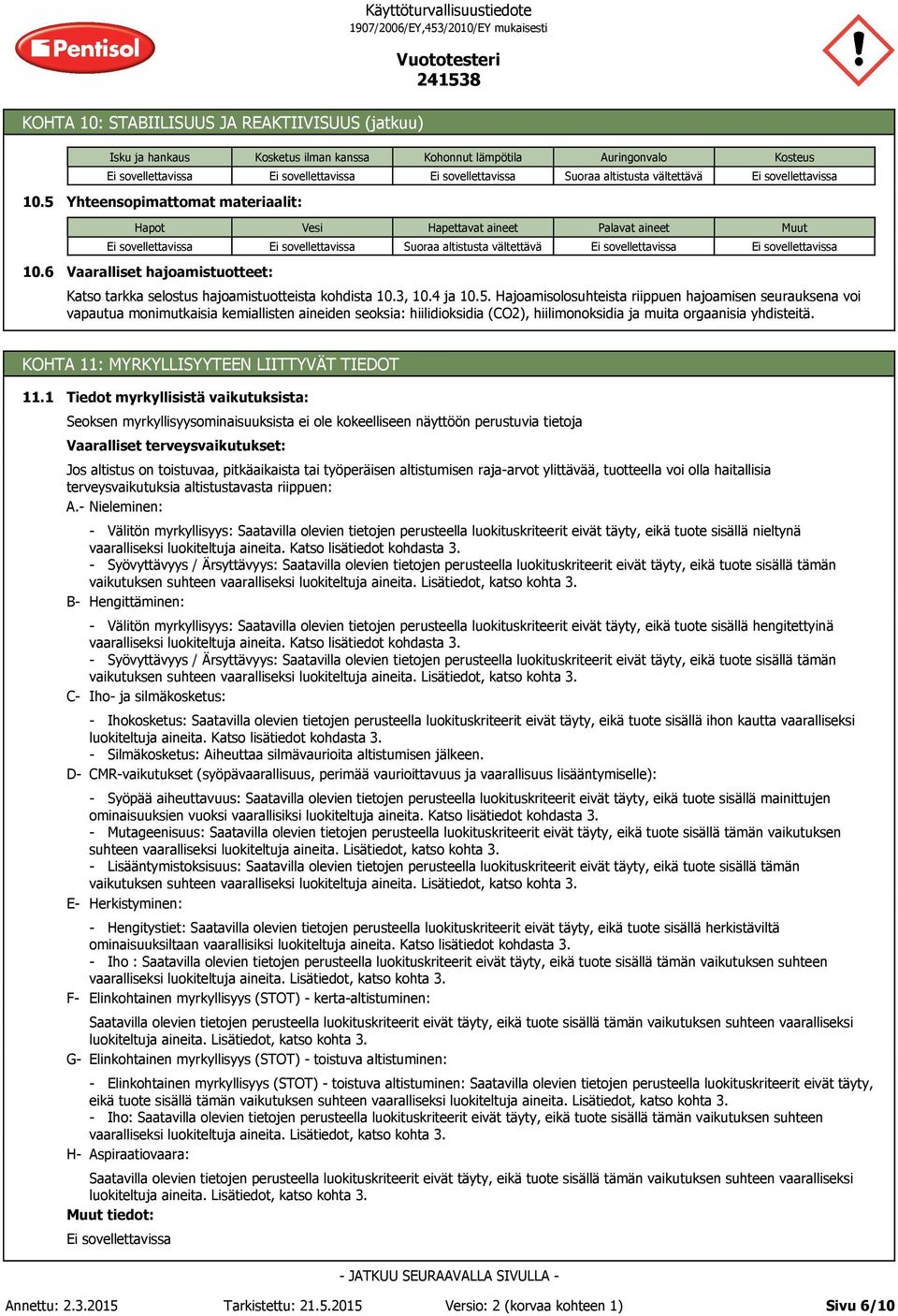 3, 10.4 ja 10.5. Hajoamisolosuhteista riippuen hajoamisen seurauksena voi vapautua monimutkaisia kemiallisten aineiden seoksia: hiilidioksidia (CO2), hiilimonoksidia ja muita orgaanisia yhdisteitä.