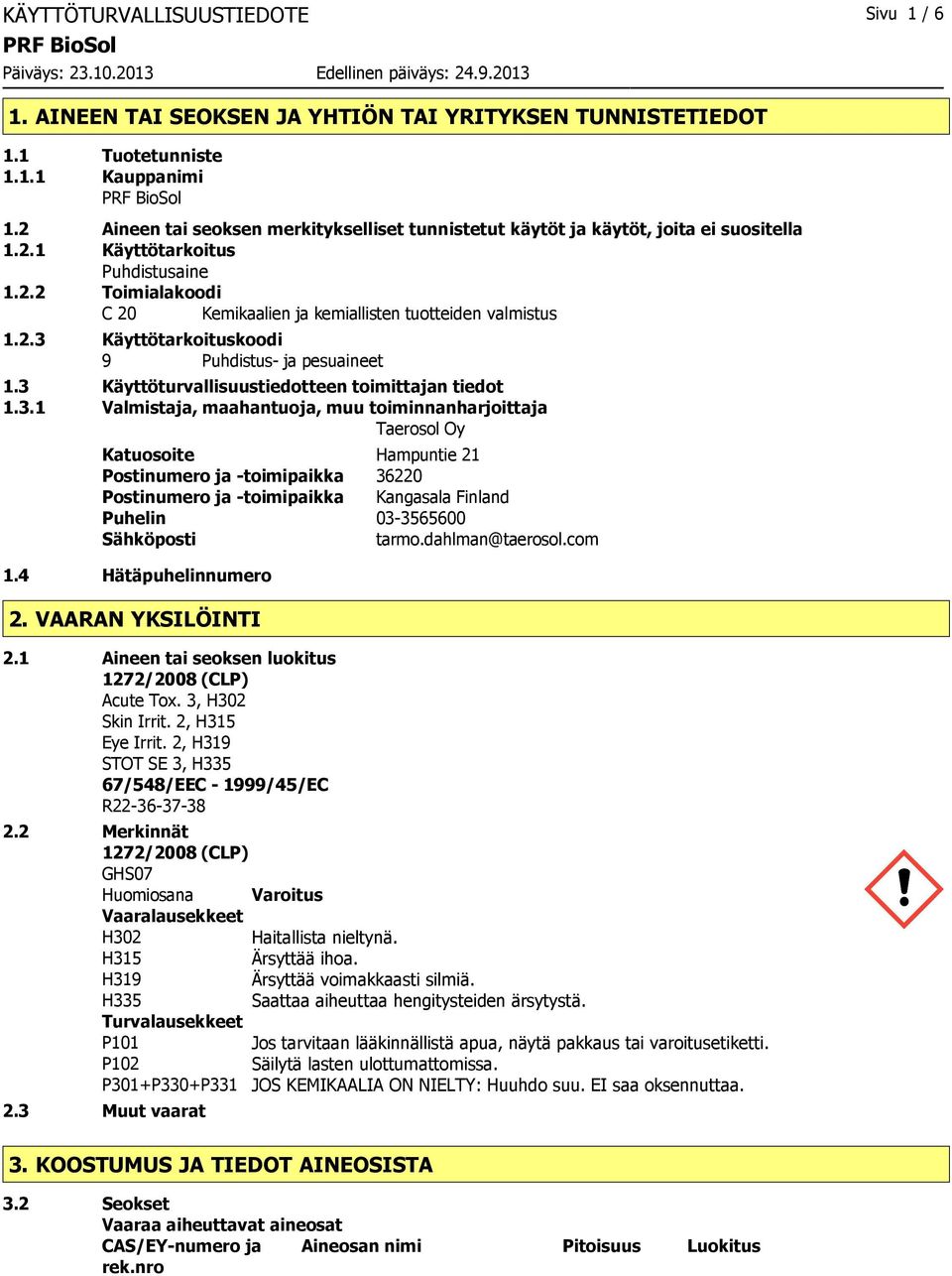 2.3 Käyttötarkoituskoodi 9 Puhdistus ja pesuaineet 1.3 Käyttöturvallisuustiedotteen toimittajan tiedot 1.3.1 Valmistaja, maahantuoja, muu toiminnanharjoittaja Taerosol Oy Katuosoite Hampuntie 21