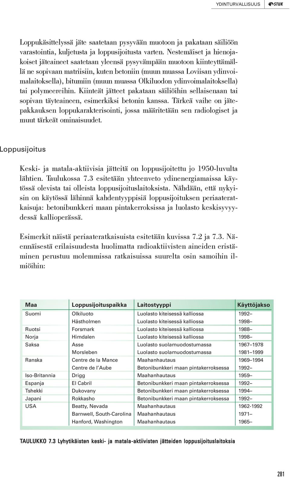 Olkiluodon ydinvoimalaitoksella) tai polymeereihin. Kiinteät jätteet pakataan säiliöihin sellaisenaan tai sopivan täyteaineen, esimerkiksi betonin kanssa.