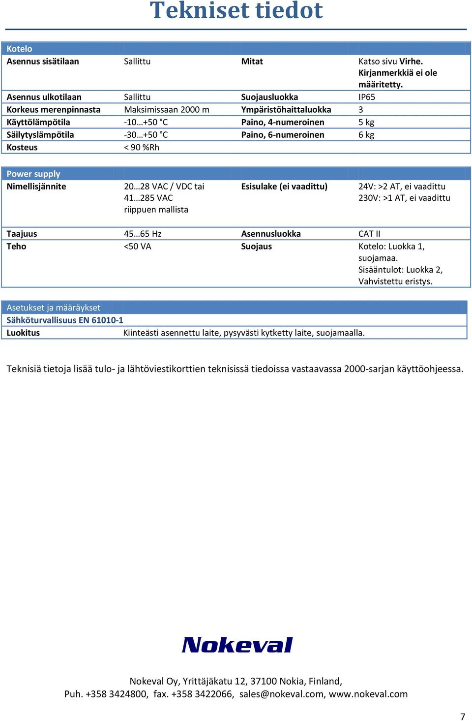 6-numeroinen 6 kg Kosteus < 90 %Rh Power supply Nimellisjännite 20 28 VAC / VDC tai 41 285 VAC riippuen mallista Esisulake (ei vaadittu) 24V: >2 AT, ei vaadittu 230V: >1 AT, ei vaadittu Taajuus 45 65