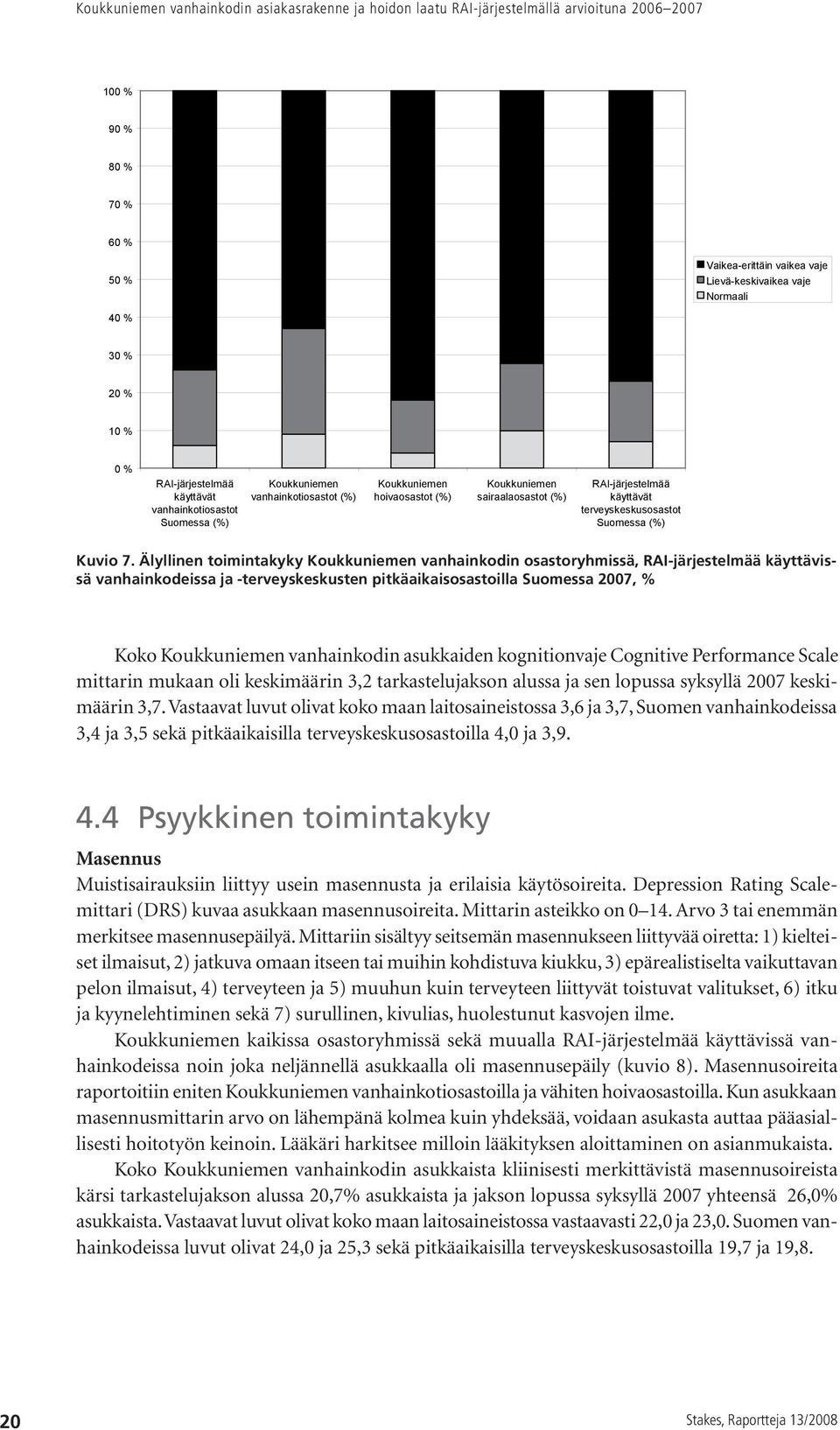 Älyllinen toimintakyky vanhainkodin osastoryhmissä, RAI-järjestelmää käyttävissä vanhainkodeissa ja -terveyskeskusten pitkäaikaisosastoilla Suomessa 2007, % Koko vanhainkodin asukkaiden kognitionvaje