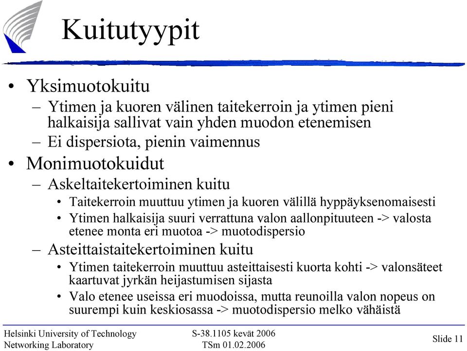 aallonpituuteen > valosta etenee monta eri muotoa > muotodispersio Asteittaistaitekertoiminen kuitu Ytimen taitekerroin muuttuu asteittaisesti kuorta kohti >