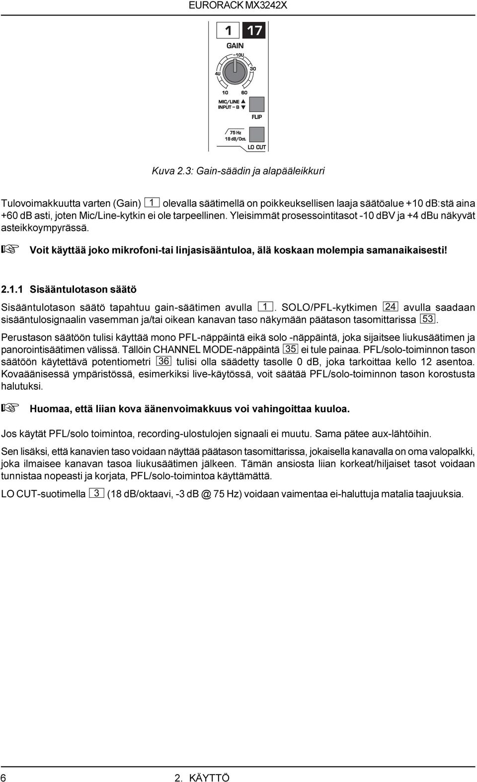 SOLO/PFL-kytkimen avulla saadaan sisääntulosignaalin vasemman ja/tai oikean kanavan taso näkymään päätason tasomittarissa.