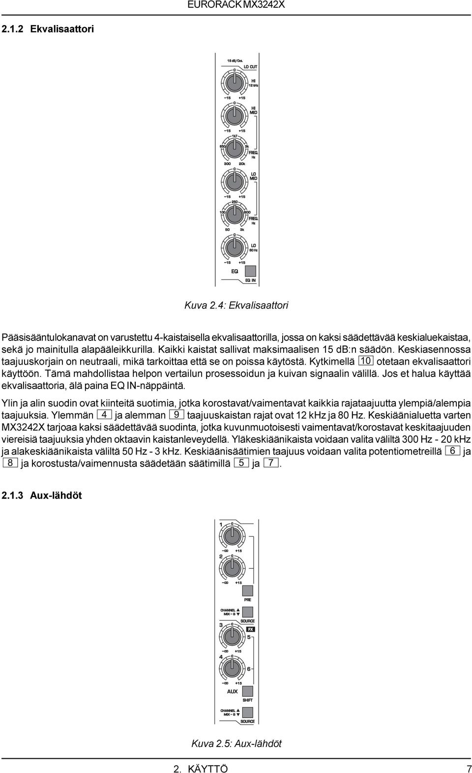 Tämä mahdollistaa helpon vertailun prosessoidun ja kuivan signaalin välillä. Jos et halua käyttää ekvalisaattoria, älä paina EQ IN-näppäintä.