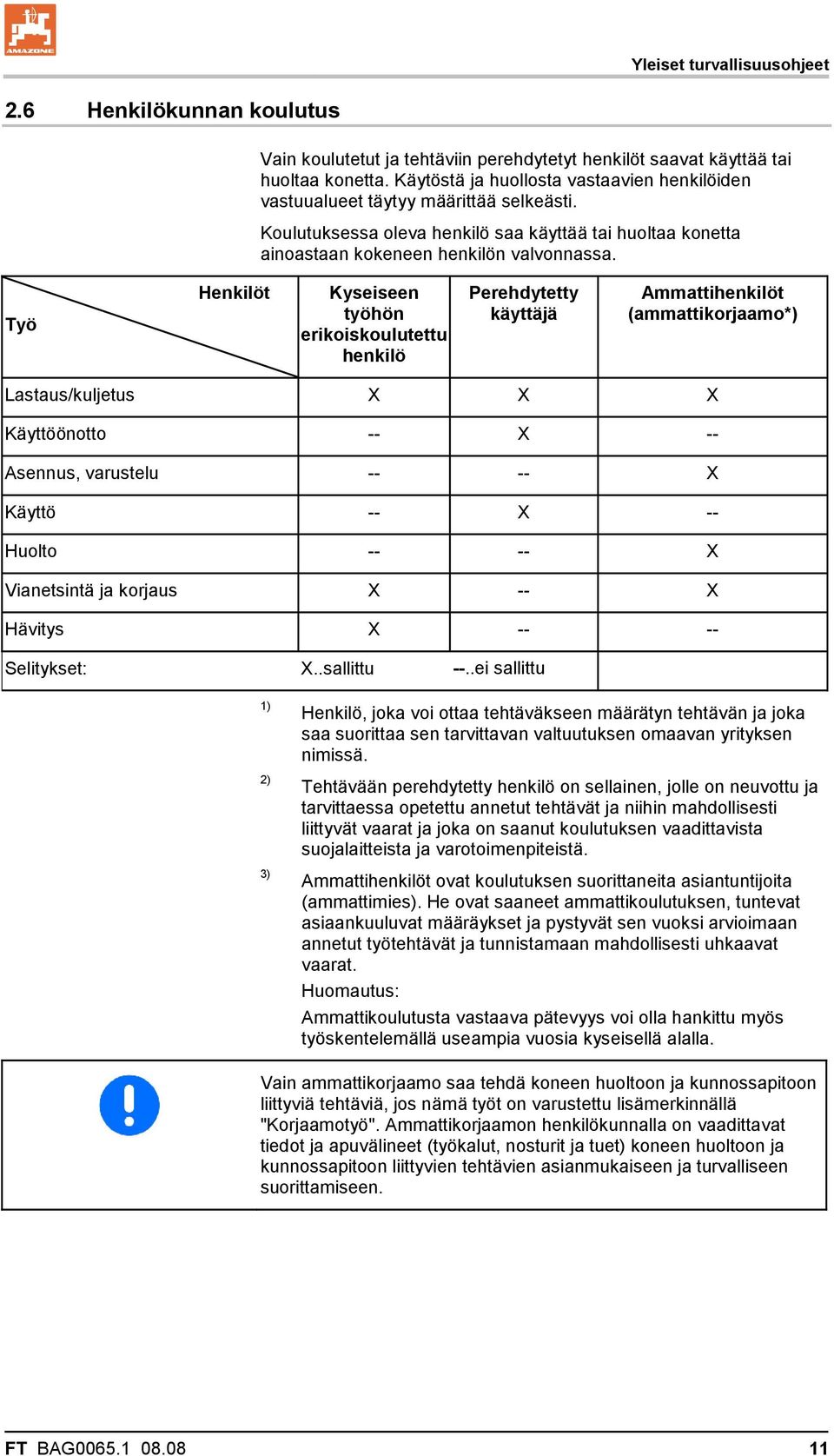 Työ Henkilöt Kyseiseen työhön erikoiskoulutettu henkilö Perehdytetty käyttäjä Ammattihenkilöt (ammattikorjaamo*) Lastaus/kuljetus X X X Käyttöönotto -- X -- Asennus, varustelu -- -- X Käyttö -- X --