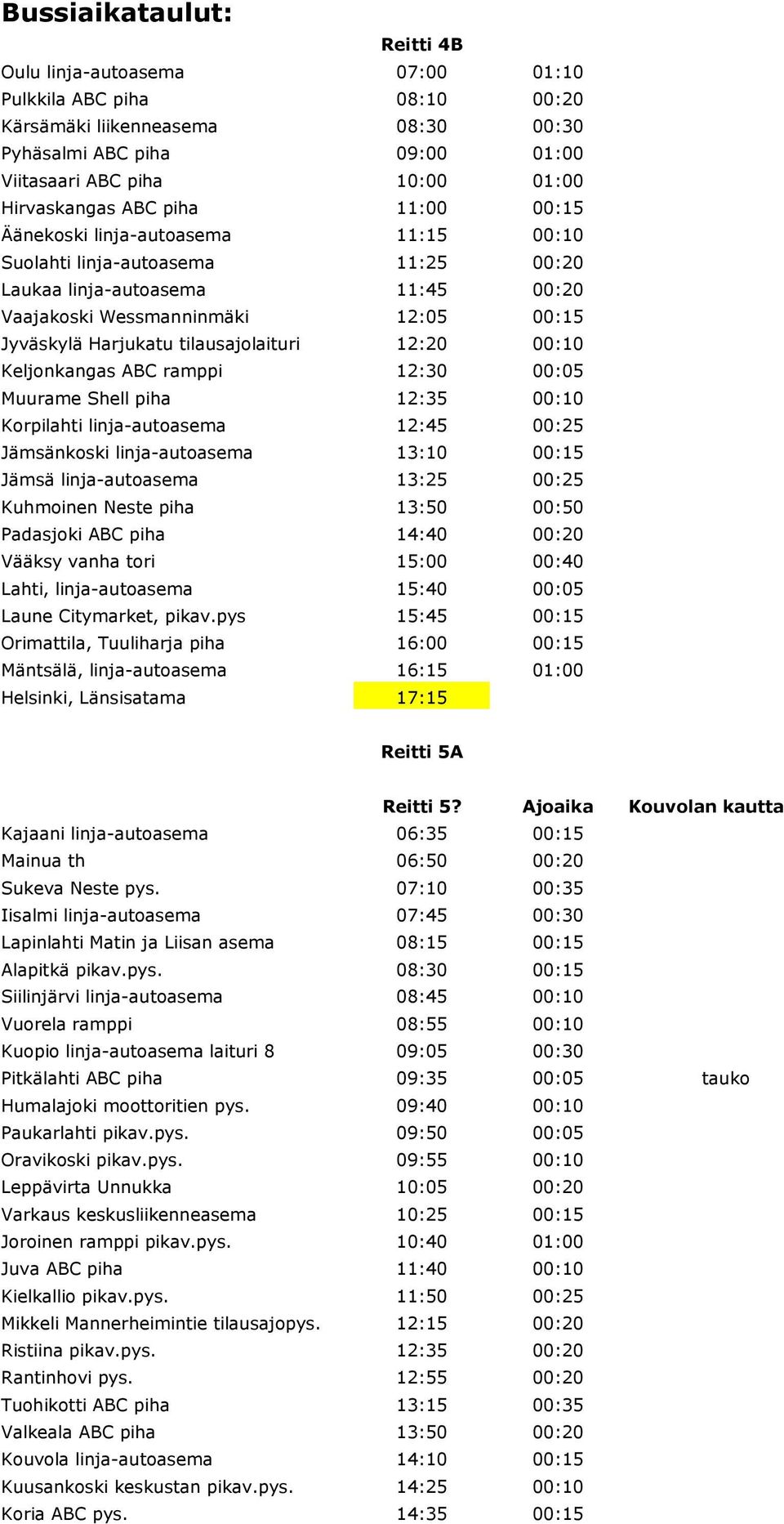 Harjukatu tilausajolaituri 12:20 00:10 Keljonkangas ABC ramppi 12:30 00:05 Muurame Shell piha 12:35 00:10 Korpilahti linja-autoasema 12:45 00:25 Jämsänkoski linja-autoasema 13:10 00:15 Jämsä