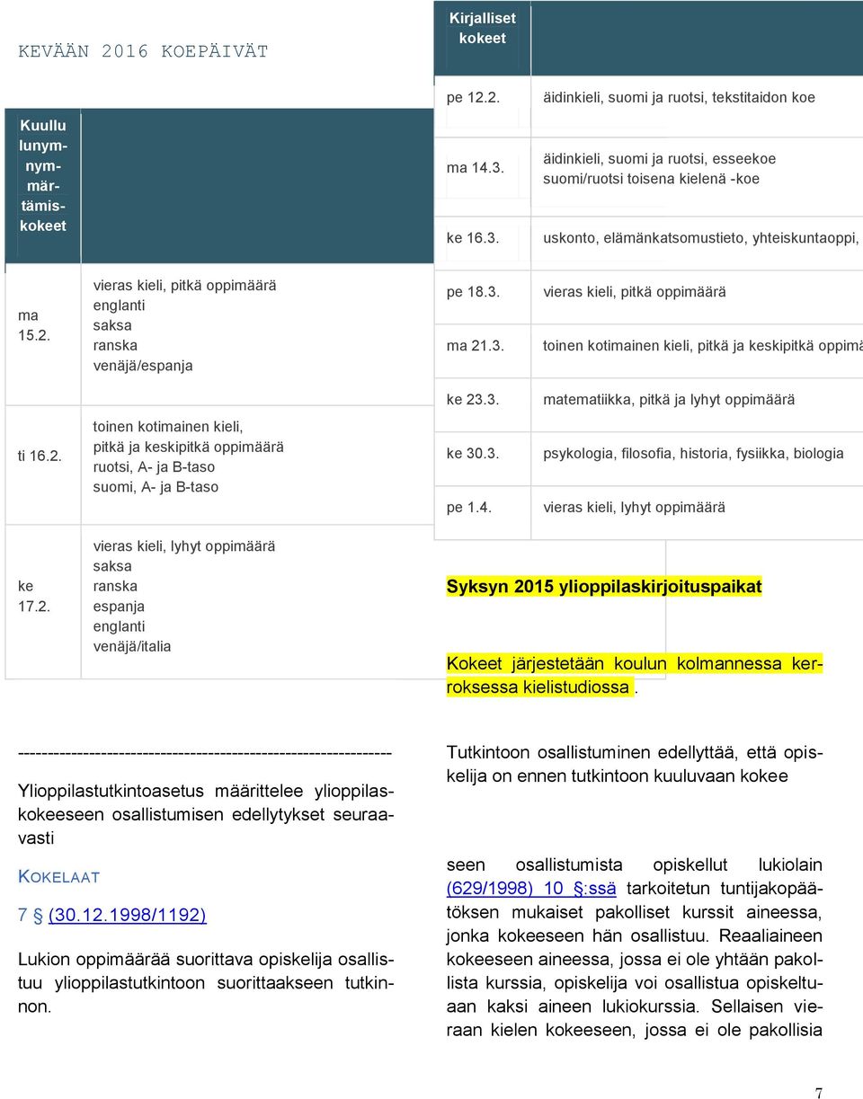 vieras kieli, pitkä oppimäärä englanti saksa ranska venäjä/espanja pe 18.3. ma 21.3. vieras kieli, pitkä oppimäärä toinen kotimainen kieli, pitkä ja keskipitkä oppimä ke 23.3. matematiikka, pitkä ja lyhyt oppimäärä ti 16.