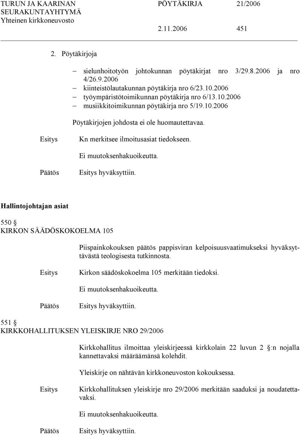 Hallintojohtajan asiat 550 KIRKON SÄÄDÖSKOKOELMA 105 Piispainkokouksen päätös pappisviran kelpoisuusvaatimukseksi hyväksyttävästä teologisesta tutkinnosta.