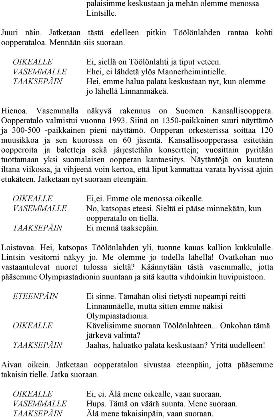 Vasemmalla näkyvä rakennus on Suomen Kansallisooppera. Oopperatalo valmistui vuonna 1993. Siinä on 1350-paikkainen suuri näyttämö ja 300-500 -paikkainen pieni näyttämö.