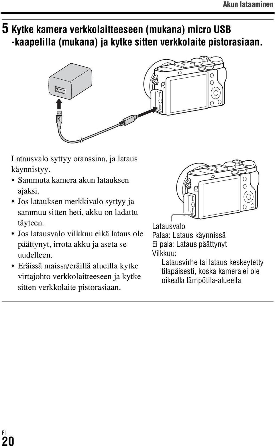 Jos latauksen merkkivalo syttyy ja sammuu sitten heti, akku on ladattu täyteen. Jos latausvalo vilkkuu eikä lataus ole päättynyt, irrota akku ja aseta se uudelleen.