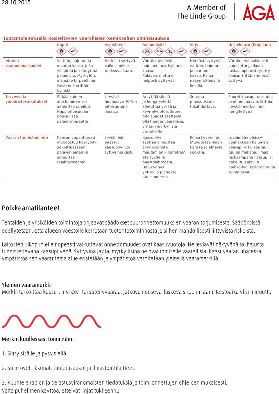 Laitosten ulkopuolelle nopeasti vaikuttavat onnettomuudet ovat kaasuvuotoja. Ne leviävät näkyvänä tai hajusta tunnistettavana kaasupilvenä. Syttyvinä ja/tai myrkyllisinä ne ovat ihmiselle vaarallisia.