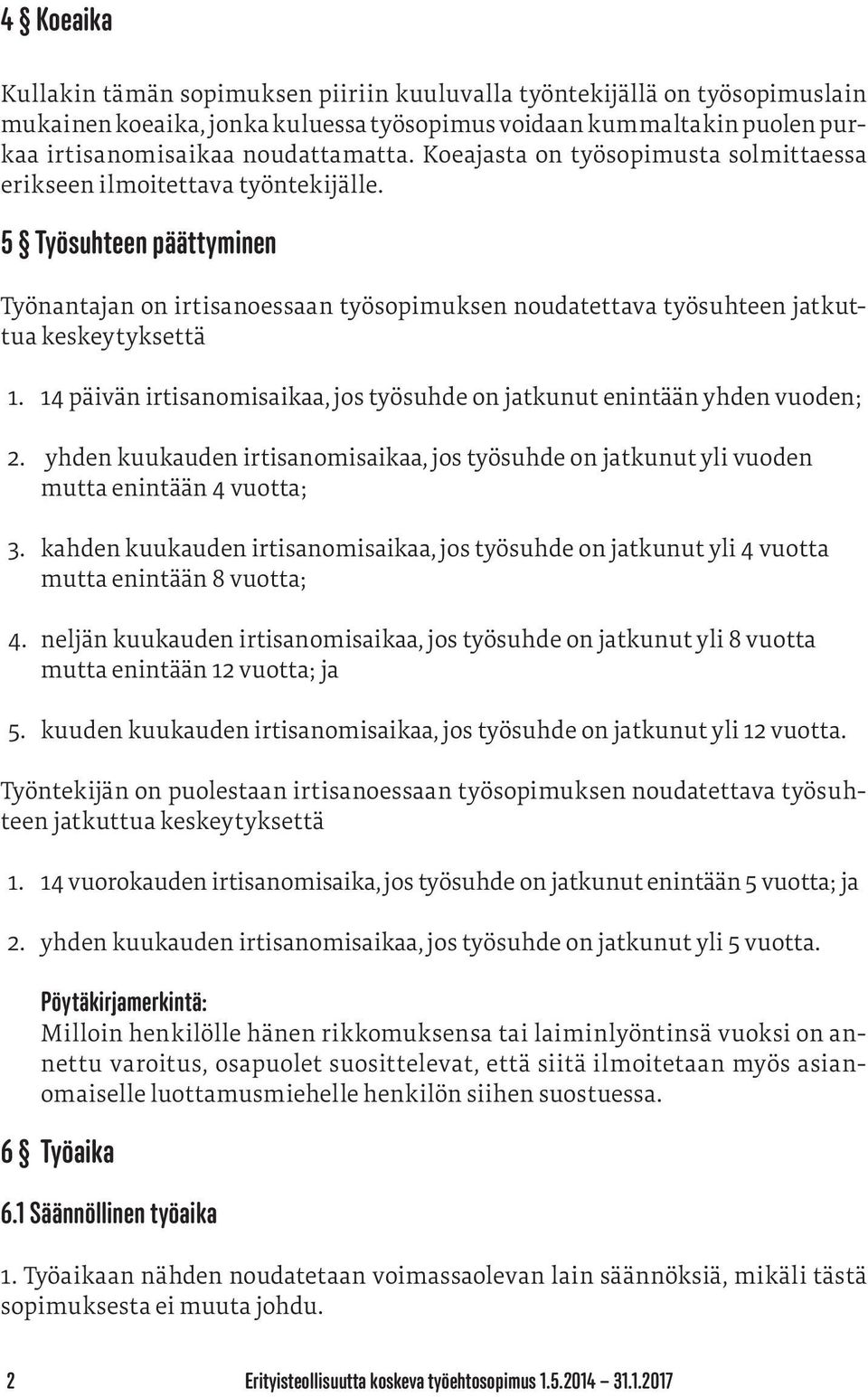 14 päivän irtisanomisaikaa, jos työsuhde on jatkunut enintään yhden vuoden; 2. yhden kuukauden irtisanomisaikaa, jos työsuhde on jatkunut yli vuoden mutta enintään 4 vuotta; 3.