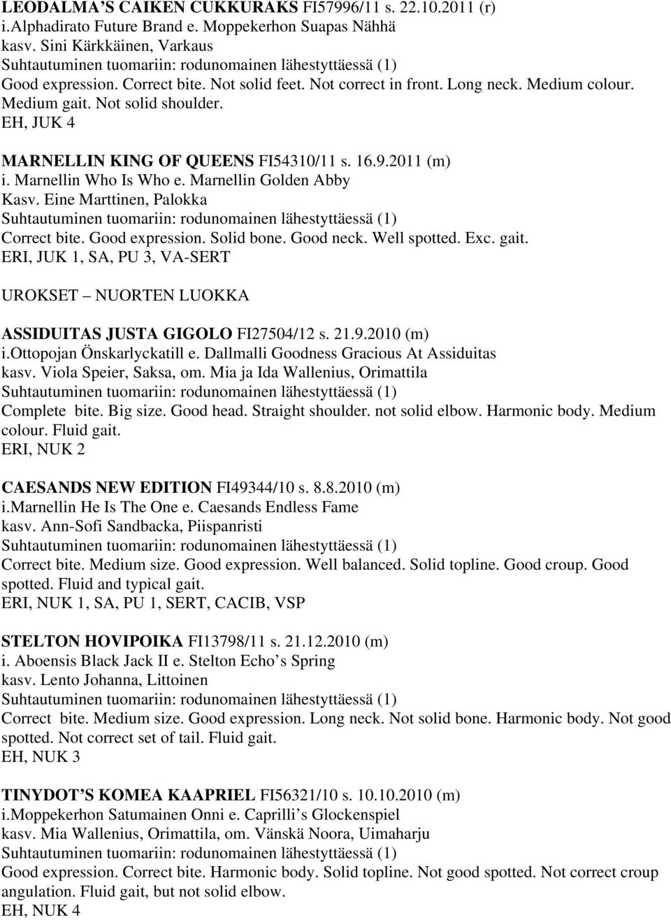 Eine Marttinen, Palokka Correct bite. Good expression. Solid bone. Good neck. Well spotted. Exc. gait., JUK 1, SA, PU 3, VA-SERT UROKSET NUORTEN LUOKKA ASSIDUITAS JUSTA GIGOLO FI27504/12 s. 21.9.