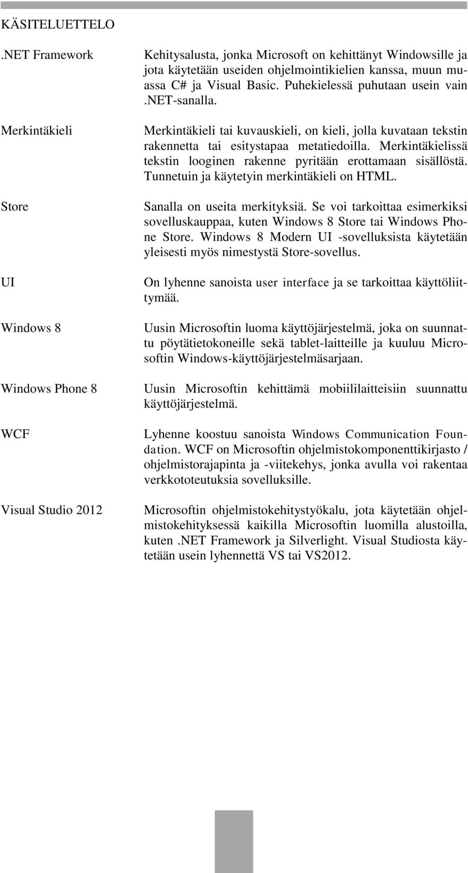 muun muassa C# ja Visual Basic. Puhekielessä puhutaan usein vain.net-sanalla. Merkintäkieli tai kuvauskieli, on kieli, jolla kuvataan tekstin rakennetta tai esitystapaa metatiedoilla.