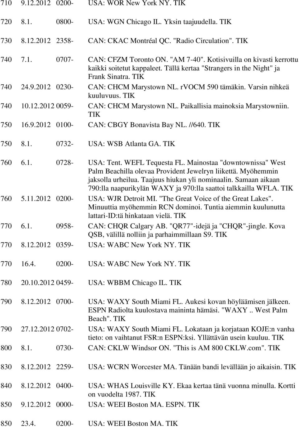 Varsin nihkeä kuuluvuus. 740 10.12.2012 0059- CAN: CHCM Marystown NL. Paikallisia mainoksia Marystowniin. 750 16.9.2012 0100- CAN: CBGY Bonavista Bay NL. //640. 750 8.1. 0732- USA: WSB Atlanta GA.