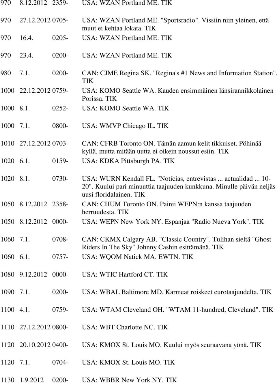 1000 7.1. 0800- USA: WMVP Chicago IL. 1010 27.12.2012 0703- CAN: CFRB Toronto ON. Tämän aamun kelit tikkuiset. Pöhinää kyllä, mutta mitään uutta ei oikein noussut esiin. 1020 6.1. 0159- USA: KDKA Pittsburgh PA.