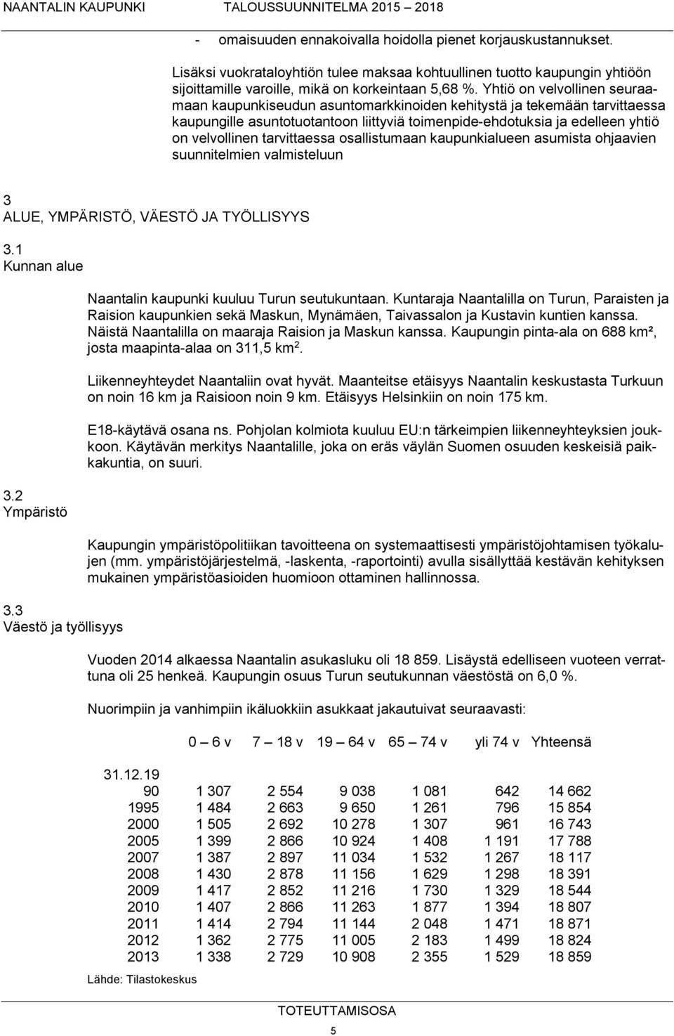 tarvittaessa osallistumaan kaupunkialueen asumista ohjaavien suunnitelmien valmisteluun 3 ALUE, YMPÄRISTÖ, VÄESTÖ JA TYÖLLISYYS 3.1 Kunnan alue 3.2 Ympäristö 3.