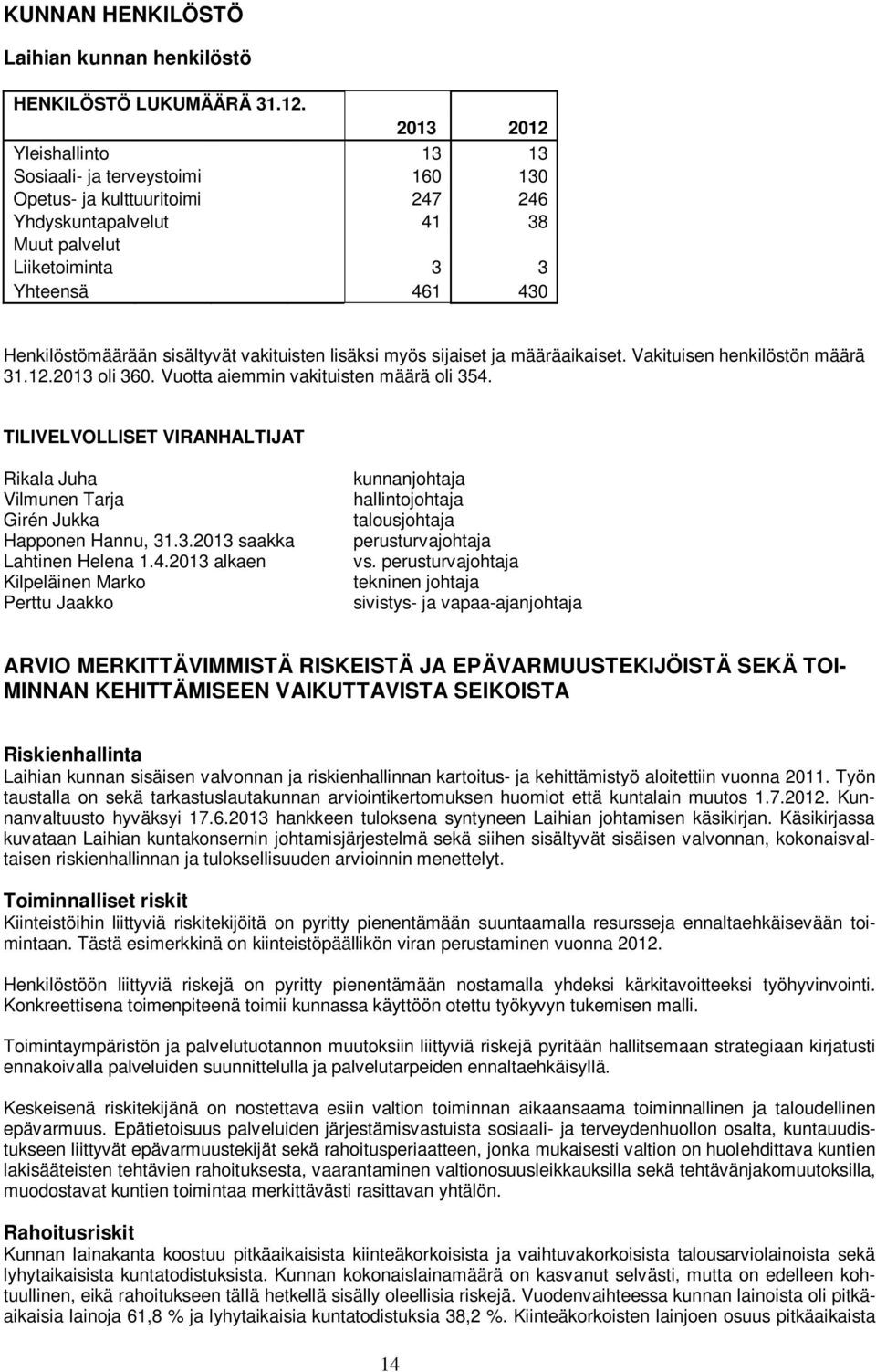 sisältyvät vakituisten lisäksi myös sijaiset ja määräaikaiset. Vakituisen henkilöstön määrä 31.12.2013 oli 360. Vuotta aiemmin vakituisten määrä oli 354.