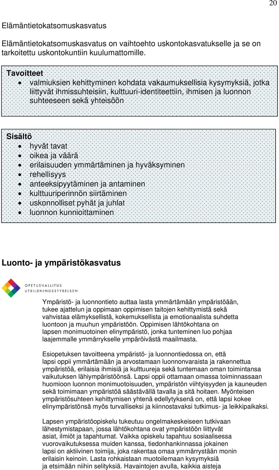 oikea ja väärä erilaisuuden ymmärtäminen ja hyväksyminen rehellisyys anteeksipyytäminen ja antaminen kulttuuriperinnön siirtäminen uskonnolliset pyhät ja juhlat luonnon kunnioittaminen Luonto- ja