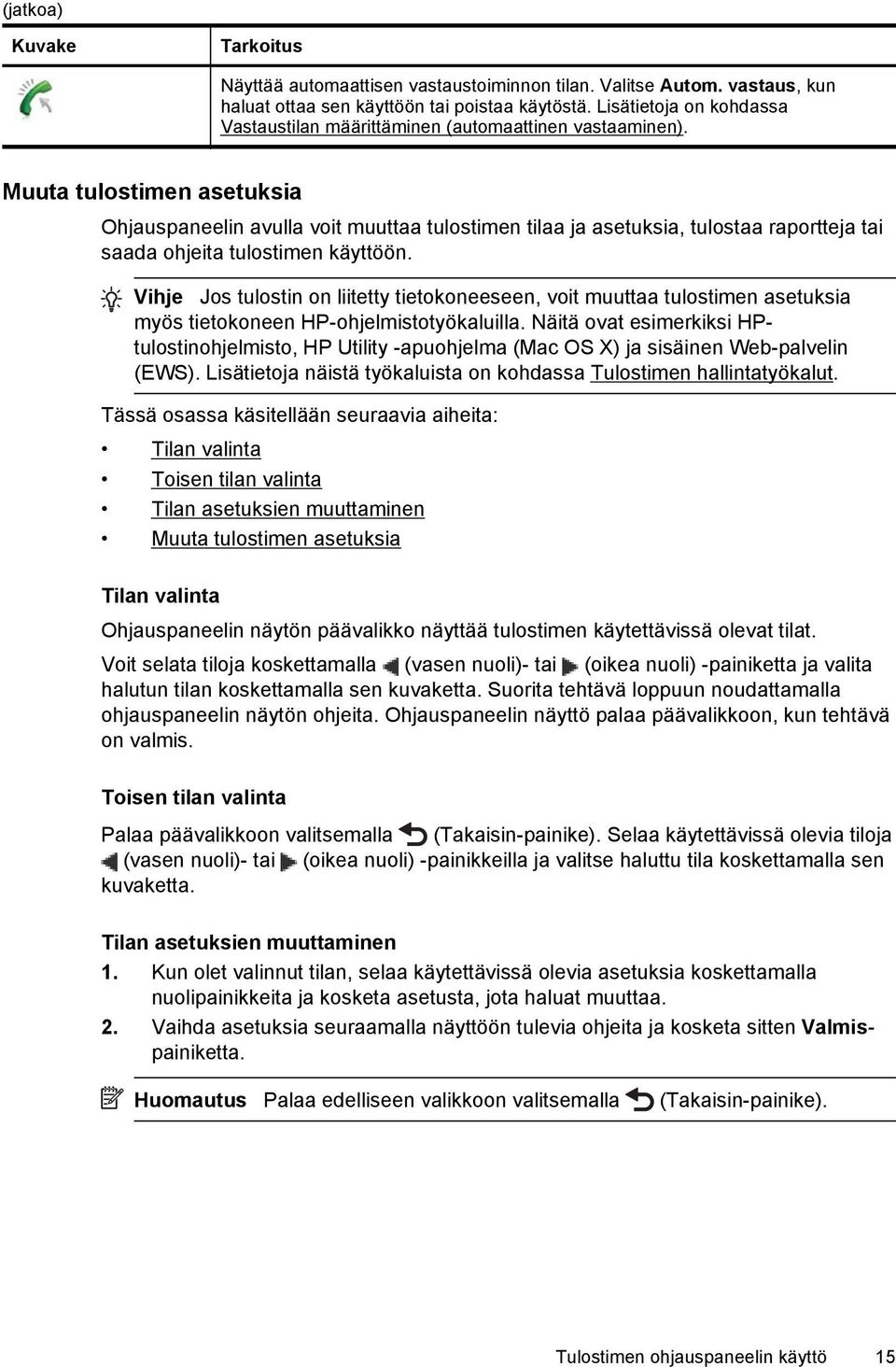 Muuta tulostimen asetuksia Ohjauspaneelin avulla voit muuttaa tulostimen tilaa ja asetuksia, tulostaa raportteja tai saada ohjeita tulostimen käyttöön.