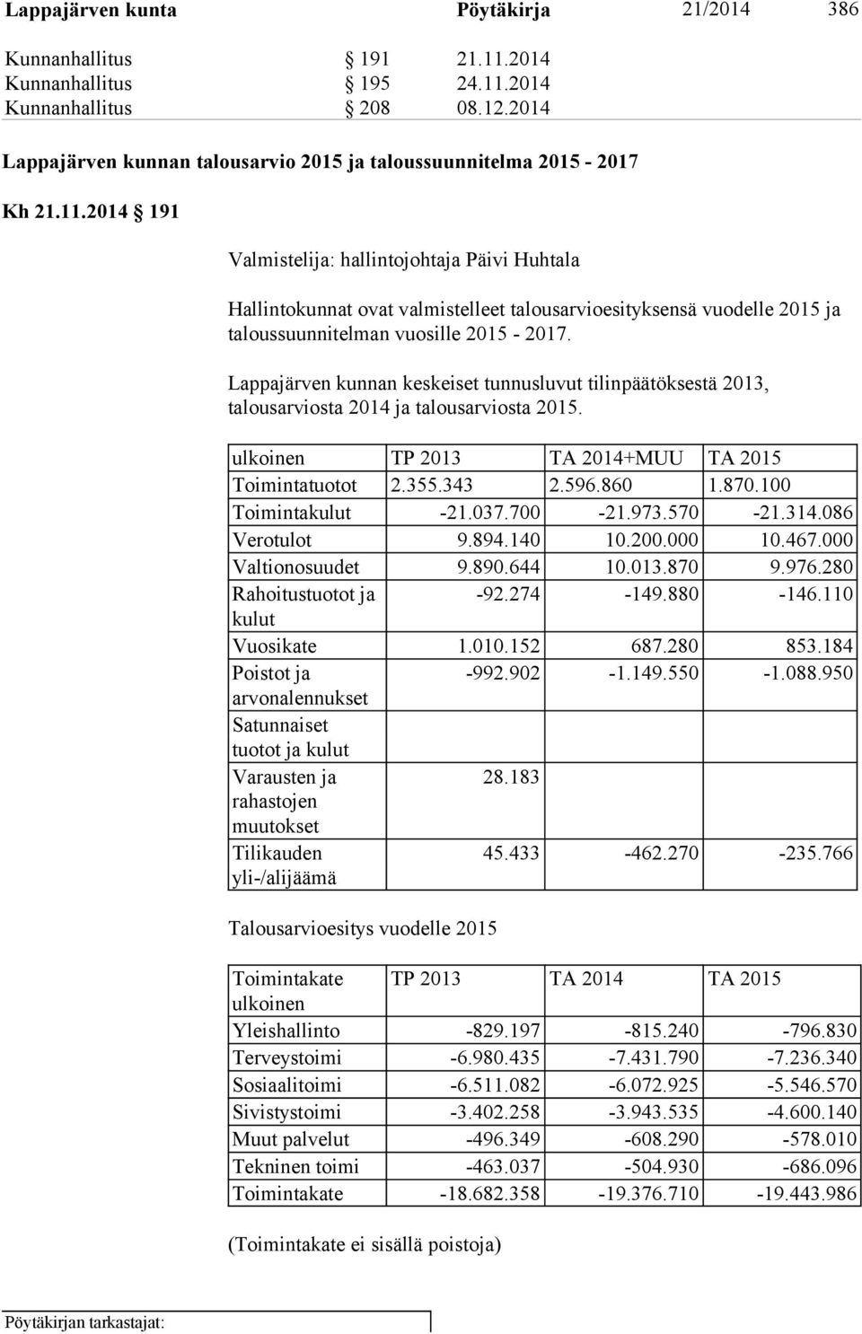 2014 191 Valmistelija: hallintojohtaja Päivi Huhtala Hallintokunnat ovat valmistelleet talousarvioesityksensä vuodelle 2015 ja taloussuunnitelman vuosille 2015-2017.