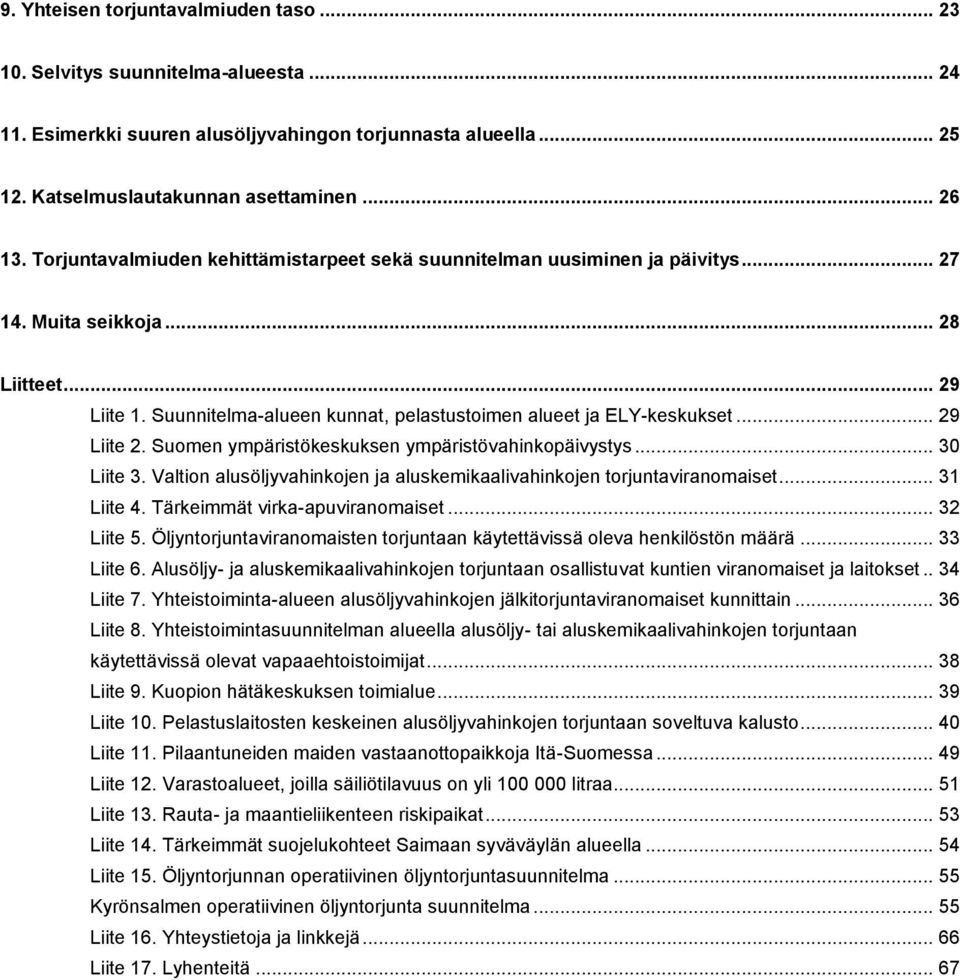 .. 29 Liite 2. Suomen ympäristökeskuksen ympäristövahinkopäivystys... 30 Liite 3. Valtion alusöljyvahinkojen ja aluskemikaalivahinkojen torjuntaviranomaiset... 31 Liite 4.