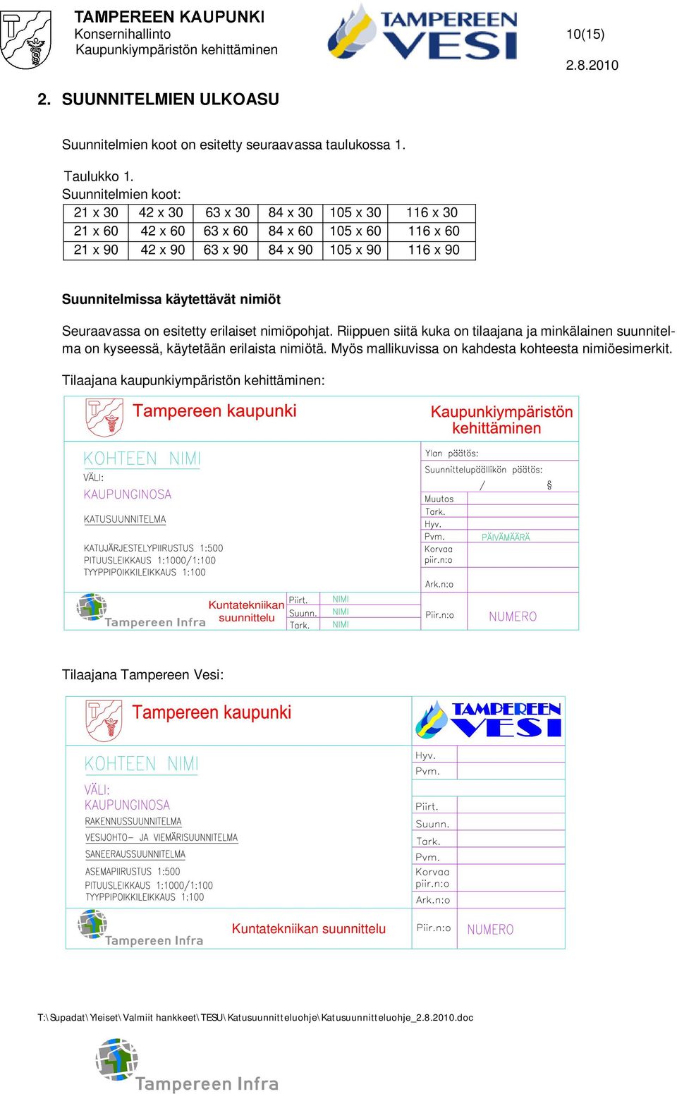 Suunnitelmissa käytettävät nimiöt Seuraavassa on esitetty erilaiset nimiöpohjat. Riippuen siitä kuka on tilaajana ja minkälainen suunnitelma on kyseessä, käytetään erilaista nimiötä.