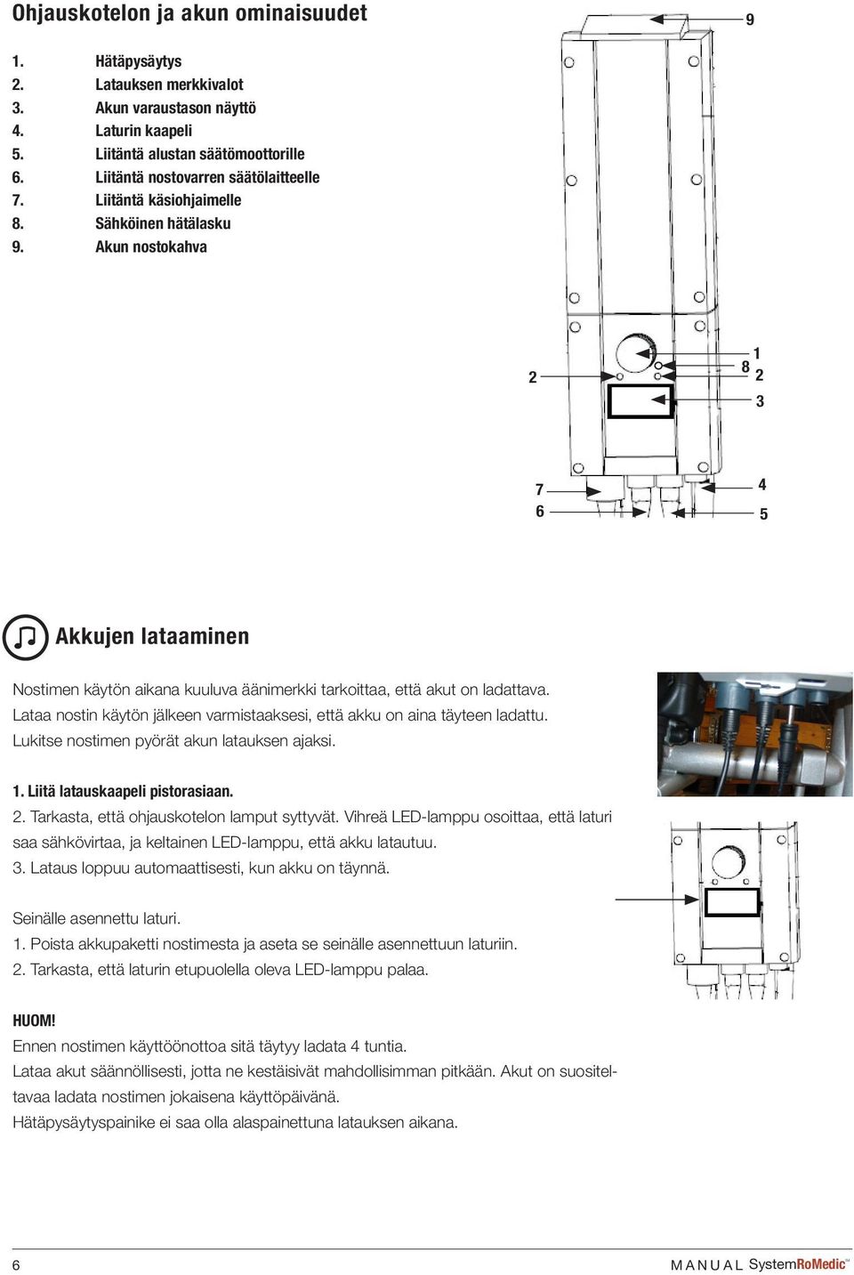 Akun nostokahva 2 1 8 2 3 7 4 6 5 Akkujen lataaminen Nostimen käytön aikana kuuluva äänimerkki tarkoittaa, että akut on ladattava.