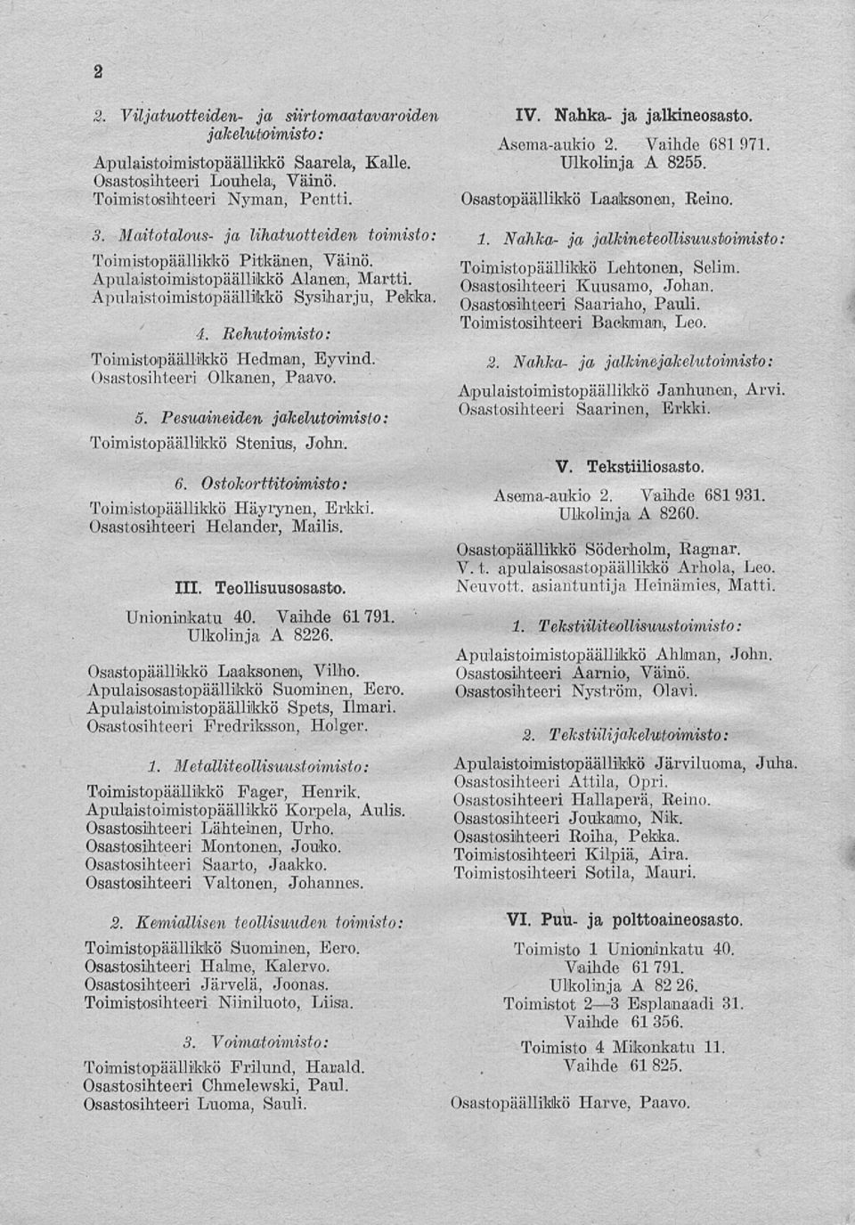 Rehutoimisto: Toimistopäällikkö Hedman, Eyvind, Osastosihteeri Olkanen, Paavo. 5. Pesuaineiden jakelutoimisto: Toimistopäällikkö Stenius, John. 6.