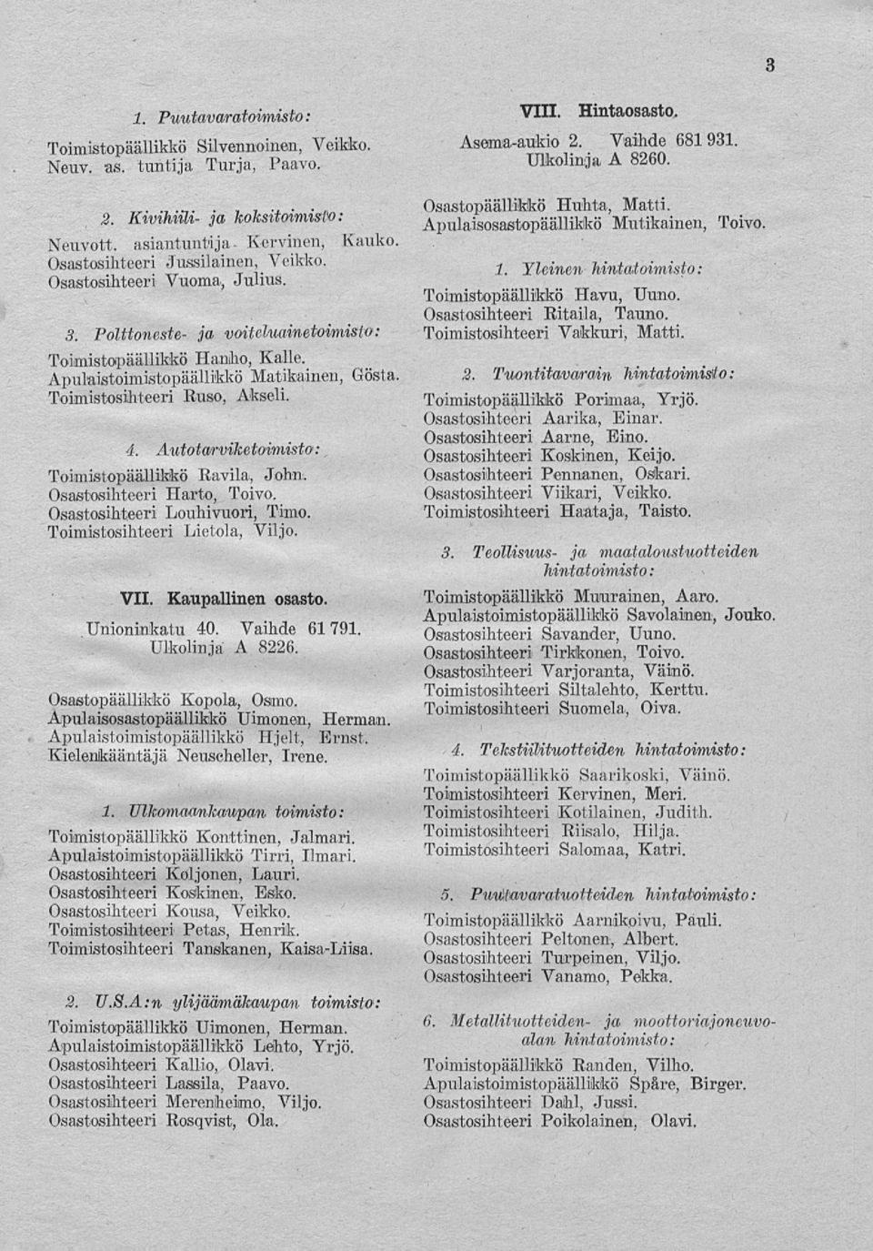 Apulaistoimistopäällikkö Matikainen, Gösta. Toimistosihteeri Ruso, Akseli. 4. Autotarviketoimisto:, Toimistopäällikkö Ravila, John. Osastosihteeri Harto, Toivo, Osastosihteeri Louhivuori, Timo.