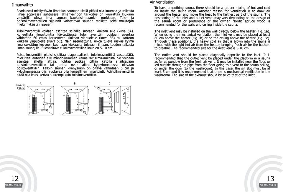 Tulo- ja poistoilmaventtiilien sijainnit vaihtelevat saunan mallista sekä omistajan mieltymyksistä riippuen. Tuloilmaventtiili voidaan asentaa seinälle suoraan kiukaan alle (kuva A).