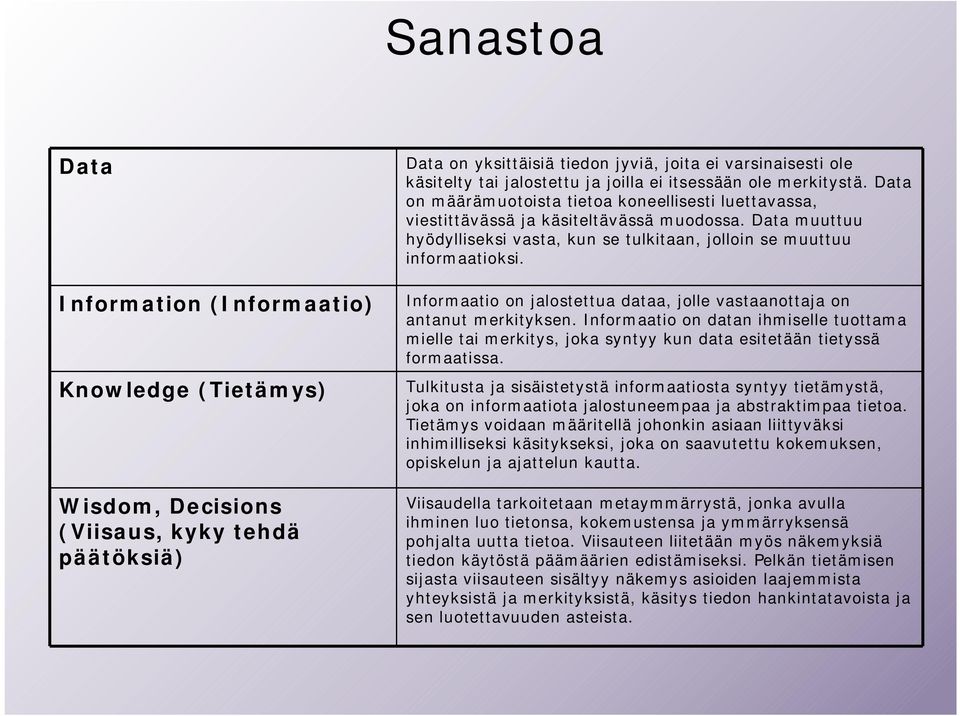 Data muuttuu hyödylliseksi vasta, kun se tulkitaan, jolloin se muuttuu informaatioksi. Informaatio on jalostettua dataa, jolle vastaanottaja on antanut merkityksen.