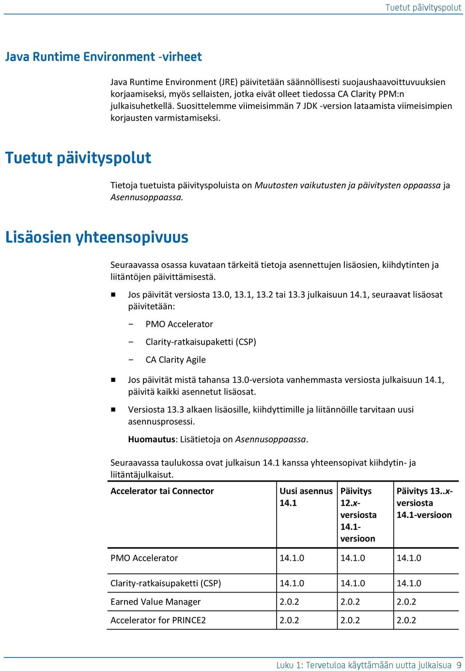 Tuetut päivityspolut Tietoja tuetuista päivityspoluista on Muutosten vaikutusten ja päivitysten oppaassa ja Asennusoppaassa.