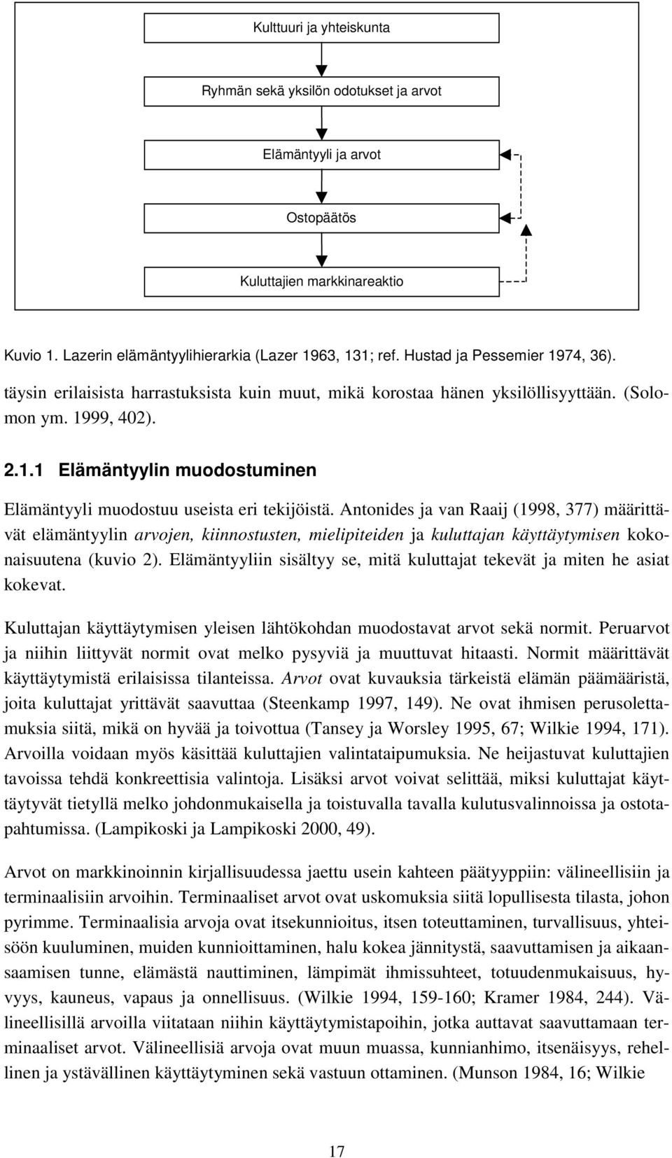 Antonides ja van Raaij (1998, 377) määrittävät elämäntyylin arvojen, kiinnostusten, mielipiteiden ja kuluttajan käyttäytymisen kokonaisuutena (kuvio 2).