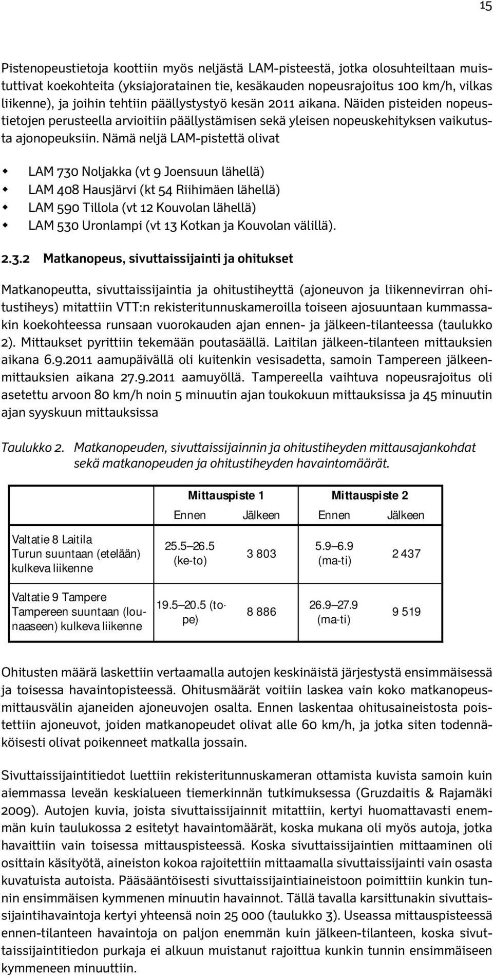 Nämä neljä LAM-pistettä olivat LAM 730 Noljakka (vt 9 Joensuun lähellä) LAM 408 Hausjärvi (kt 54 Riihimäen lähellä) LAM 590 Tillola (vt 12 Kouvolan lähellä) LAM 530 Uronlampi (vt 13 Kotkan ja