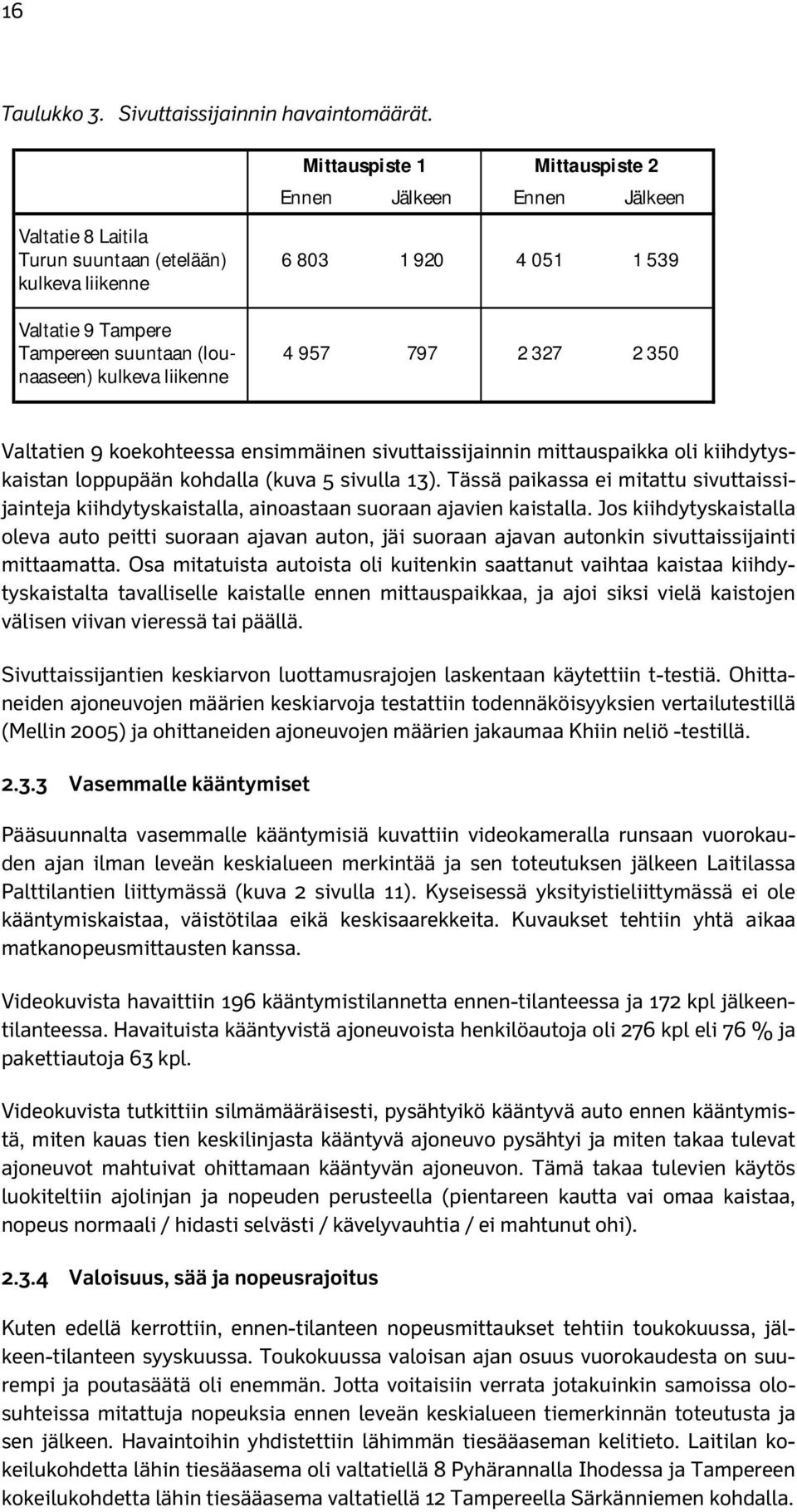 4 051 1 539 4 957 797 2 327 2 350 Valtatien 9 koekohteessa ensimmäinen sivuttaissijainnin mittauspaikka oli kiihdytyskaistan loppupään kohdalla (kuva 5 sivulla 13).