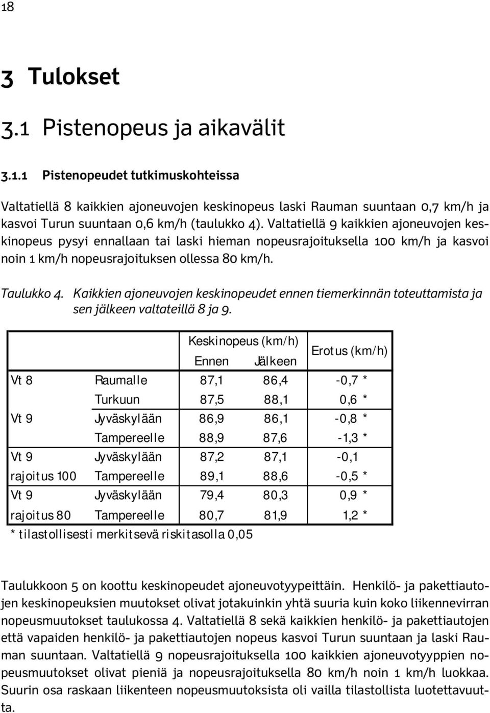 Kaikkien ajoneuvojen keskinopeudet ennen tiemerkinnän toteuttamista ja sen jälkeen valtateillä 8 ja 9.