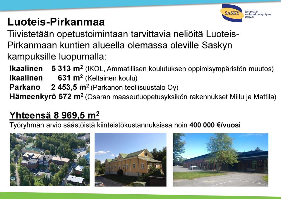 Ikaalinen 631 m 2 (Keltainen koulu) Parkano 2 453,5 m 2 (Parkanon teollisuustalo Oy) Hämeenkyrö 572 m 2 (Osaran