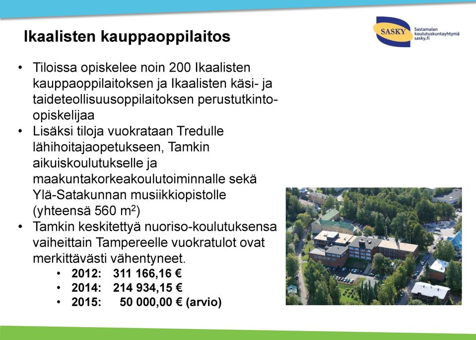 aikuiskoulutukselle ja maakuntakorkeakoulutoiminnalle sekä Ylä-Satakunnan musiikkiopistolle (yhteensä 560 m 2 ) Tamkin