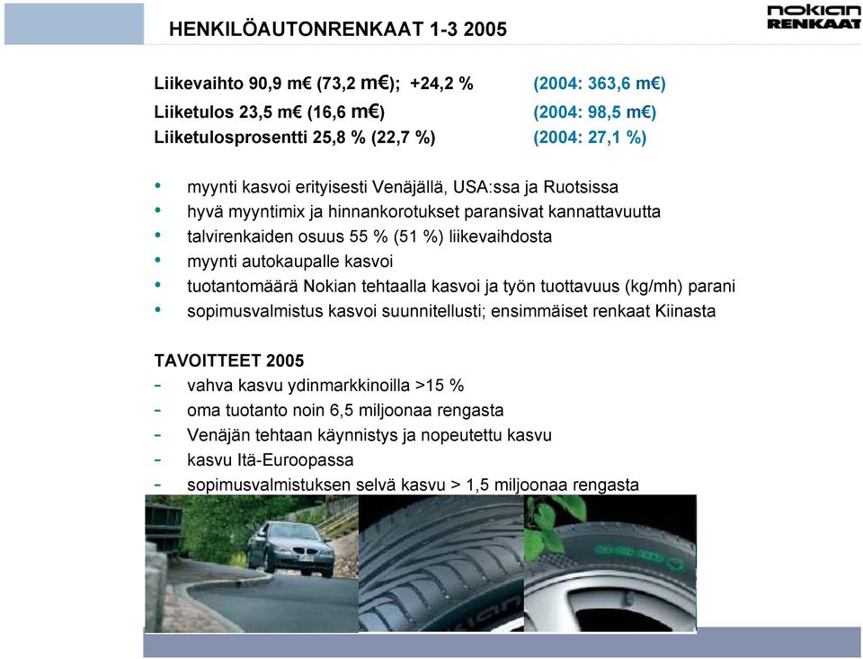 autokaupalle kasvoi tuotantomäärä Nokian tehtaalla kasvoi ja työn tuottavuus (kg/mh) parani sopimusvalmistus kasvoi suunnitellusti; ensimmäiset renkaat Kiinasta TAVOITTEET 2005 - vahva