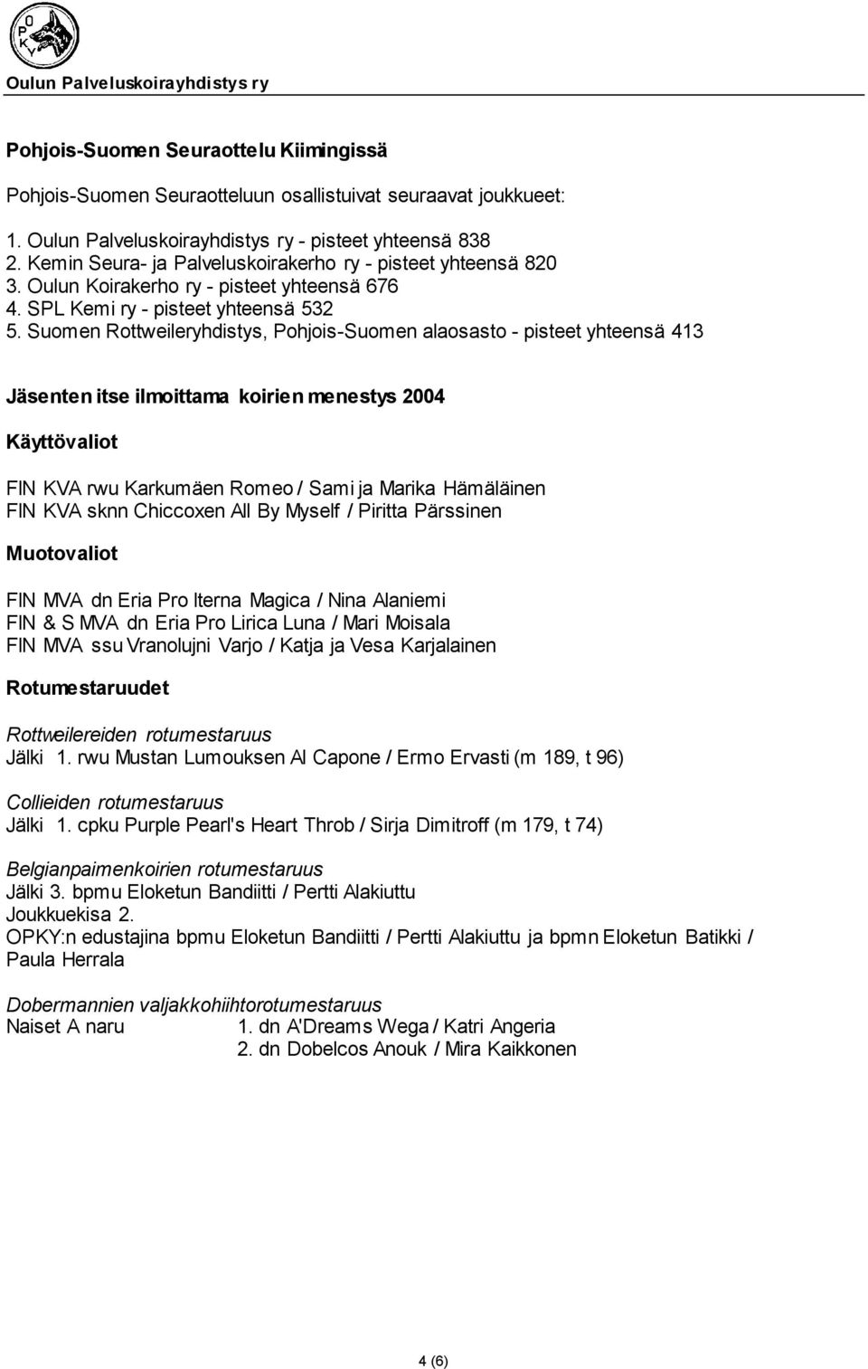 Suomen Rottweileryhdistys, Pohjois-Suomen alaosasto - pisteet yhteensä 413 Jäsenten itse ilmoittama koirien menestys 2004 Käyttövaliot FIN KVA rwu Karkumäen Romeo / Sami ja Marika Hämäläinen FIN KVA