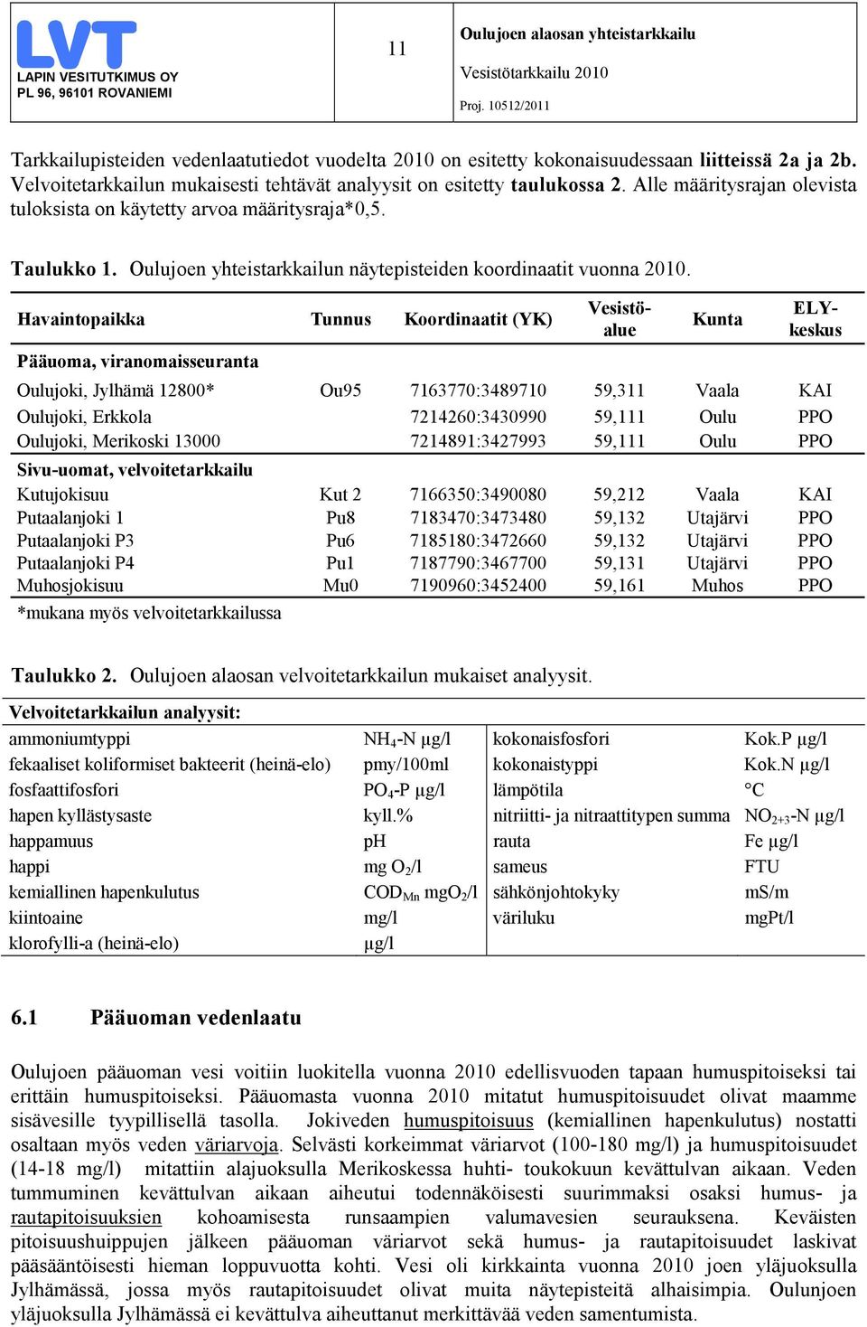 Havaintopaikka Tunnus Koordinaatit (YK) Kunta Vesistöalue ELYkeskus Pääuoma, viranomaisseuranta Oulujoki, Jylhämä 12800* Ou95 7163770:3489710 59,311 Vaala KAI Oulujoki, Erkkola 7214260:3430990 59,111