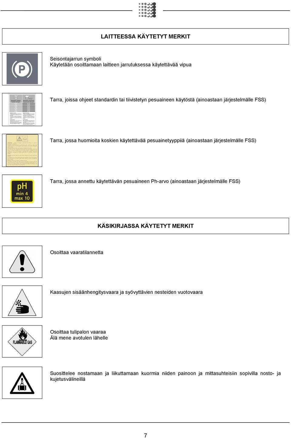 käytettävän pesuaineen Ph-arvo (ainoastaan järjestelmälle FSS) KÄSIKIRJASSA KÄYTETYT MERKIT Osoittaa vaaratilannetta Kaasujen sisäänhengitysvaara ja syövyttävien