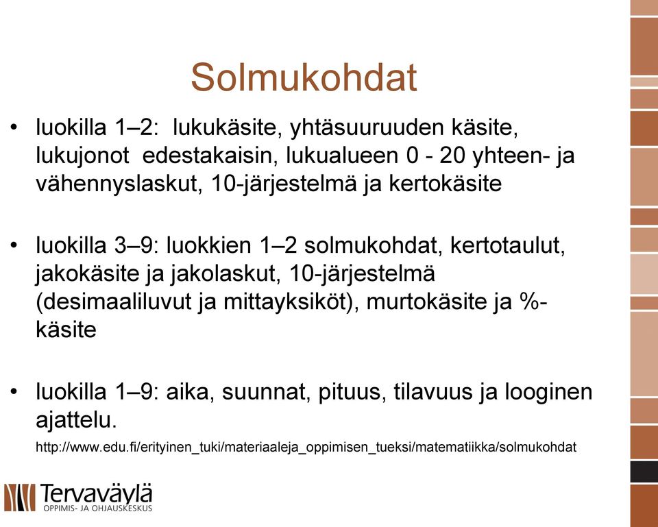 jakolaskut, 10-järjestelmä (desimaaliluvut ja mittayksiköt), murtokäsite ja %- käsite luokilla 1 9: aika, suunnat,