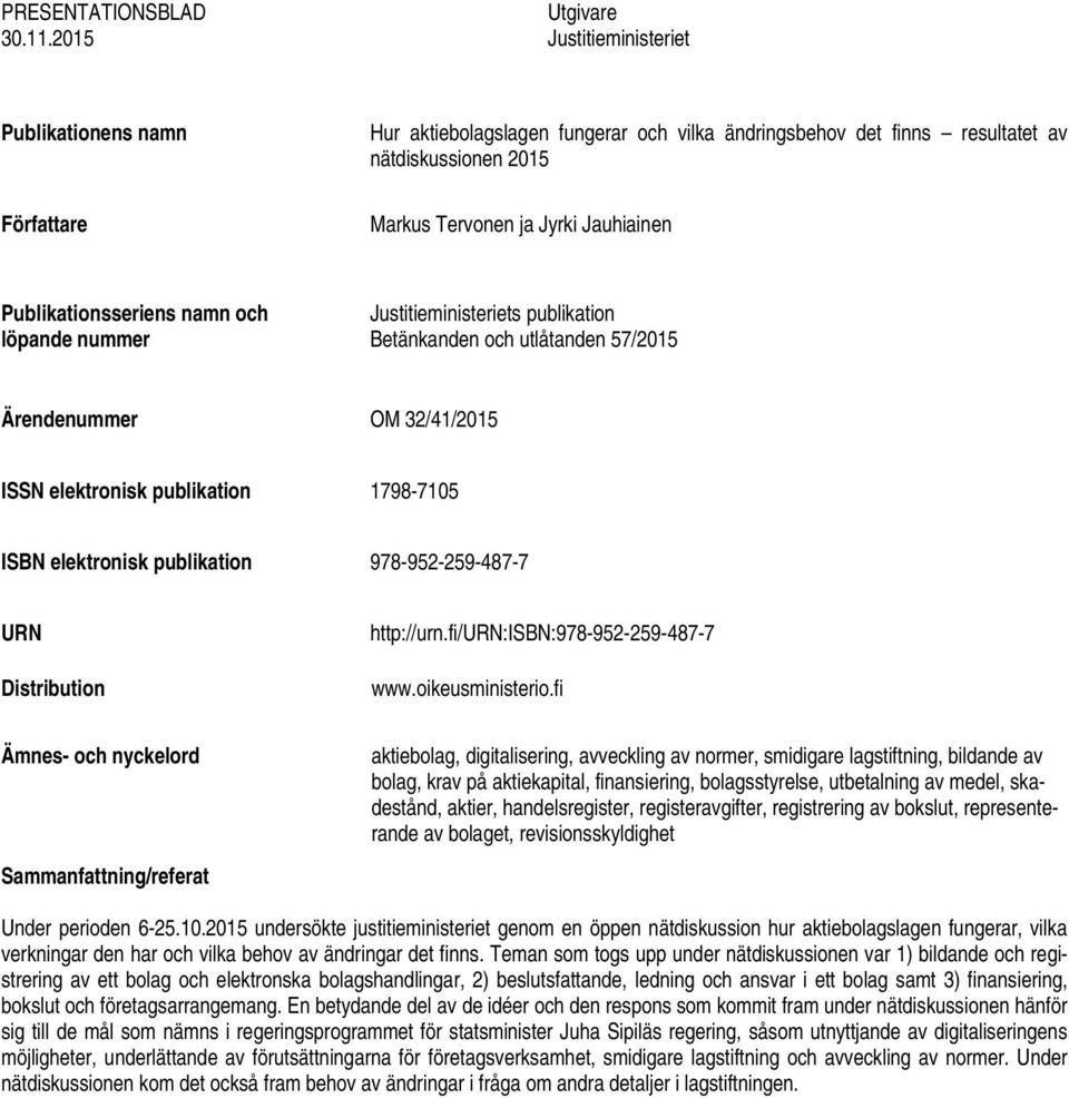 Publikationsseriens namn och löpande nummer Justitieministeriets publikation Betänkanden och utlåtanden 57/2015 Ärendenummer OM 32/41/2015 ISSN elektronisk publikation 1798-7105 ISBN elektronisk