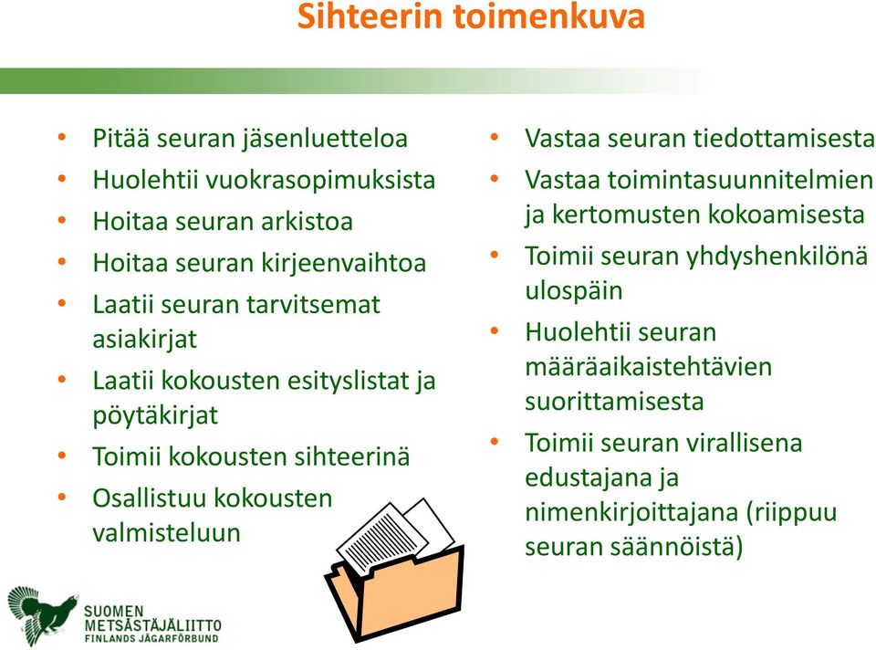 valmisteluun Vastaa seuran tiedottamisesta Vastaa toimintasuunnitelmien ja kertomusten kokoamisesta Toimii seuran yhdyshenkilönä