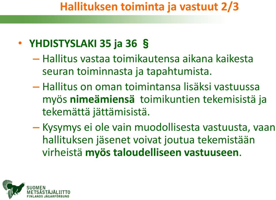 Hallitus on oman toimintansa lisäksi vastuussa myös nimeämiensä toimikuntien tekemisistä ja